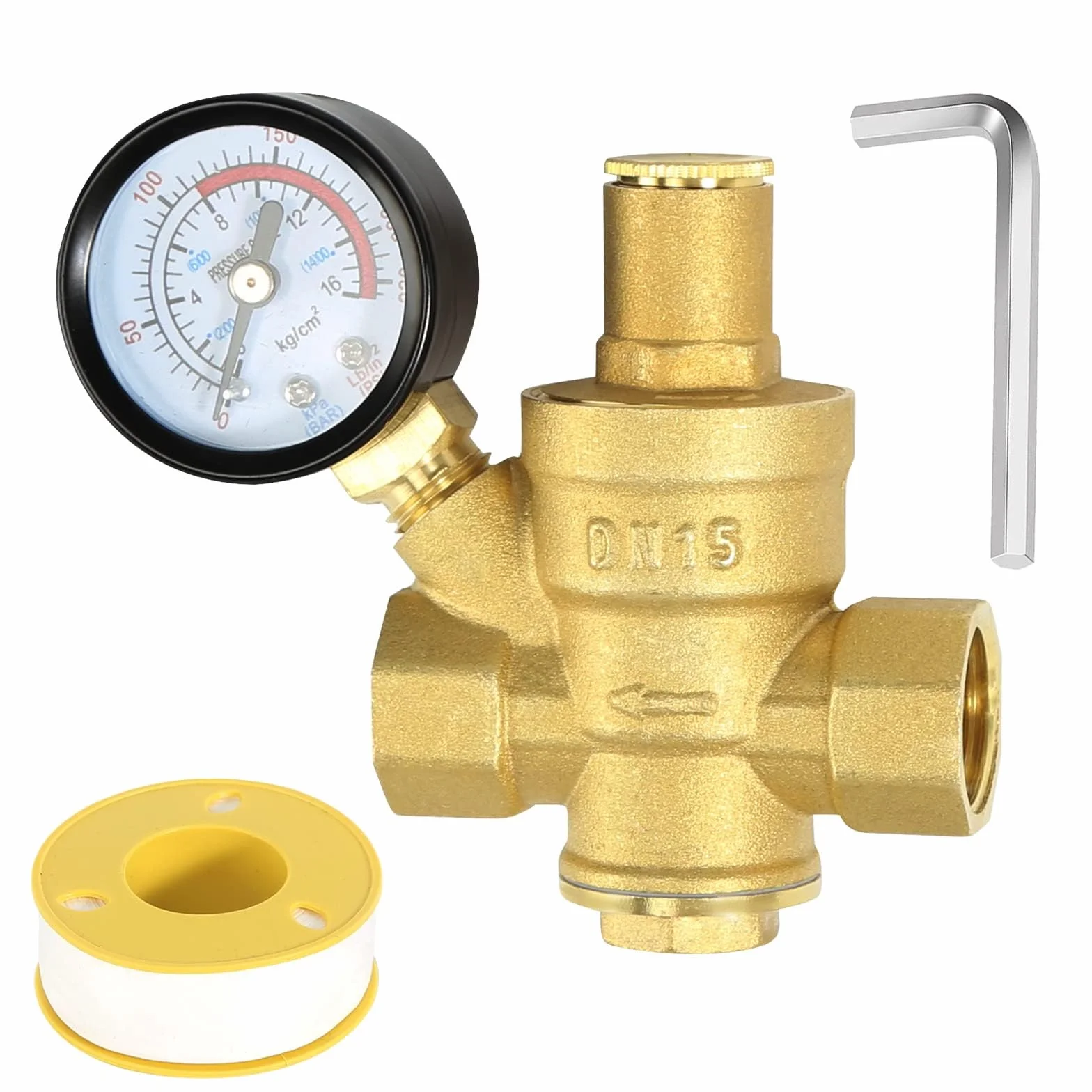 Regolatore di Pressione Acqua 1/2 pollice DN15 Ottone, Riduttore con Manometro