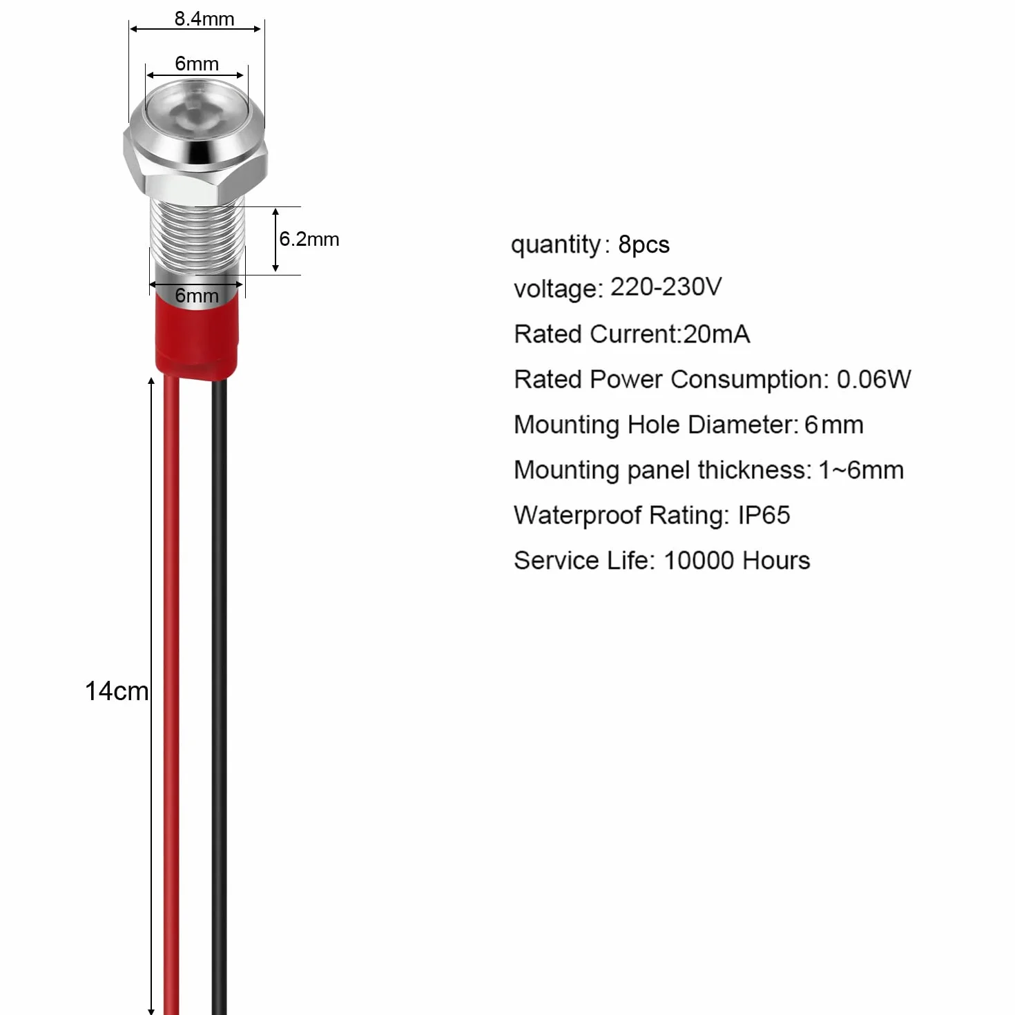 GUUZI Luminose a LED da 6mm, 220V-230V, Impermeabili con Piastra Metallica, Montaggio a Pannello, Testa Piatta (Bianco)