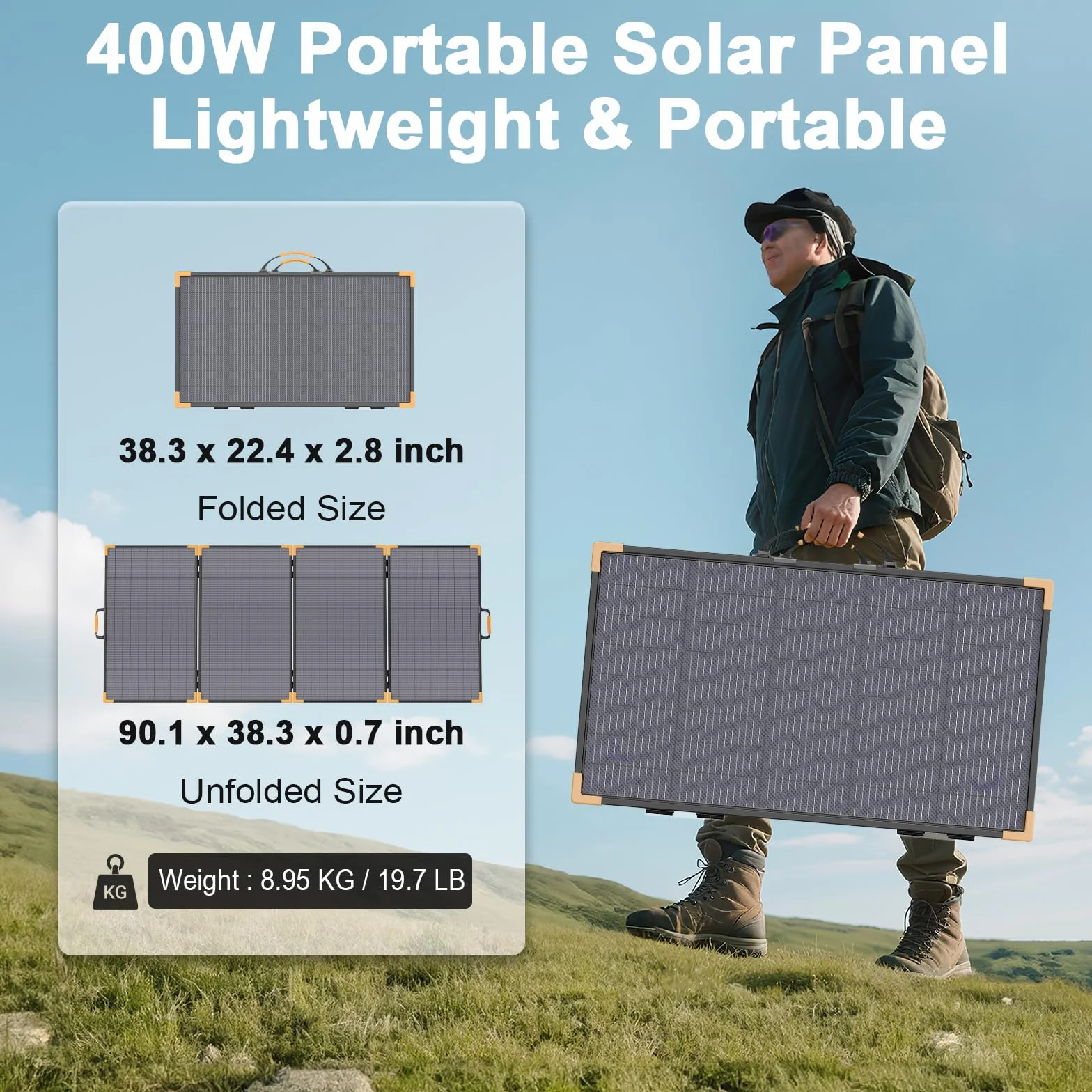 Pannello solare bifacciale portatile da 400 W, caricatore solare pieghevole leggero da 33 V per centrale elettrica, impermeabile IP68, 23,5% ad alta efficienza, con cavalletto regolabile, per