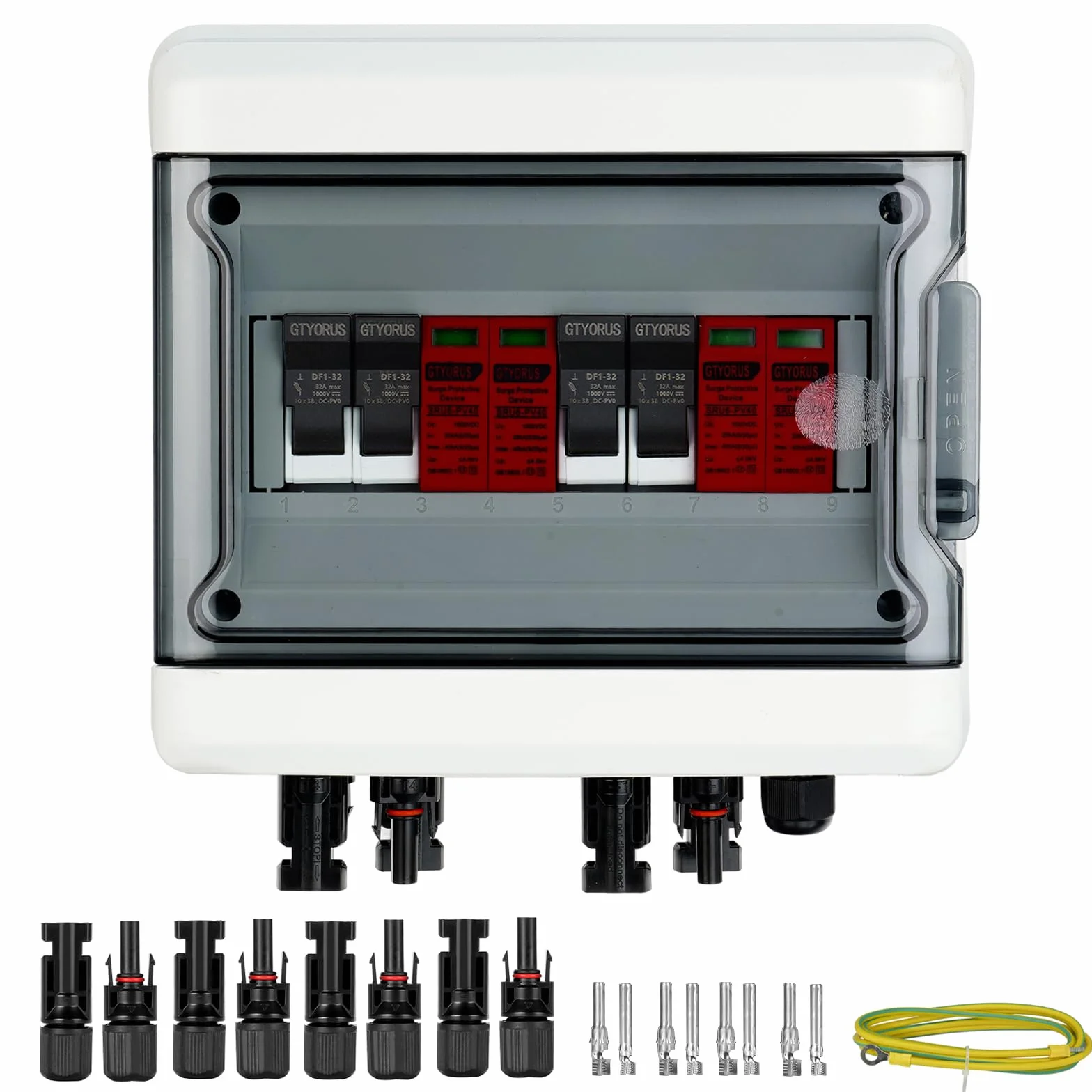 Scatola di Giunzione Solare Fotovoltaica, IP65 Scatola di Fusibili 2P DC 1000V 32A con Protezione Dalle Sovratensioni, 2 Stringhe di 9 Moduli (2 in 2 uscita)
