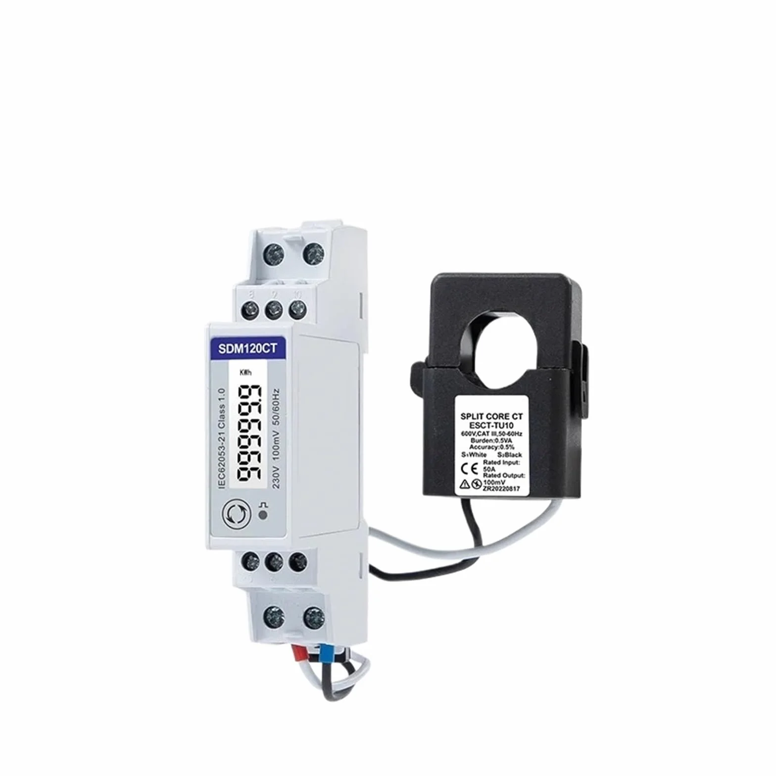 SDM120CT-M/V+ESCT-TU10 50 A/0,1 V, monofase, 2 Fili, 230 V, RS485 Modbus, contatore di energia ferroviaria