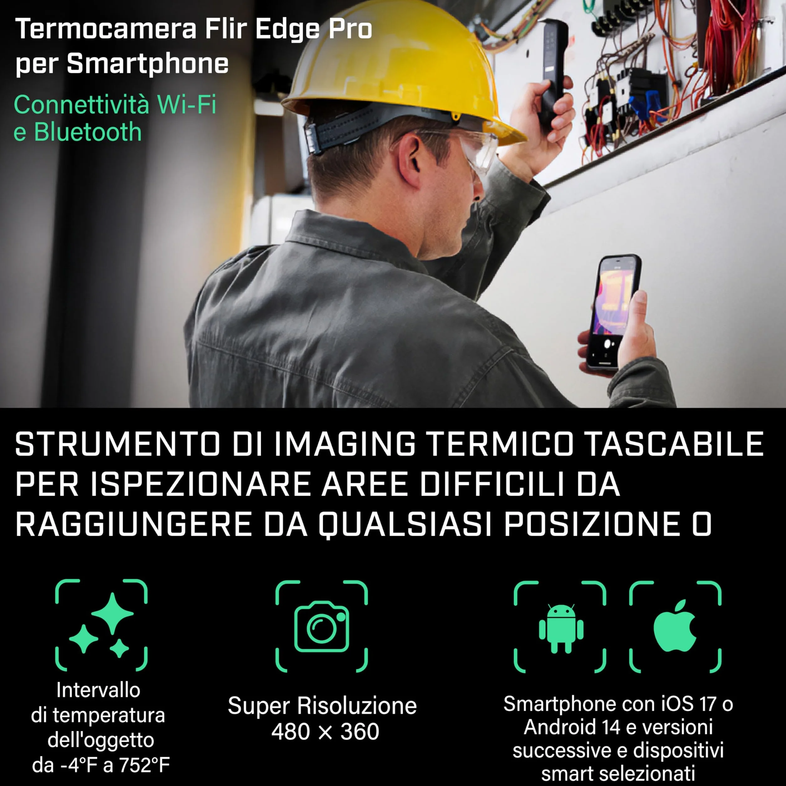 FLIR Edge Pro - Termocamera Wireless Bluetooth Per Smartphone, Compatibile Con Tutti I Dispositivi iOS E Android, Risoluzione Super 480x360 (IR Nativi 160x120)