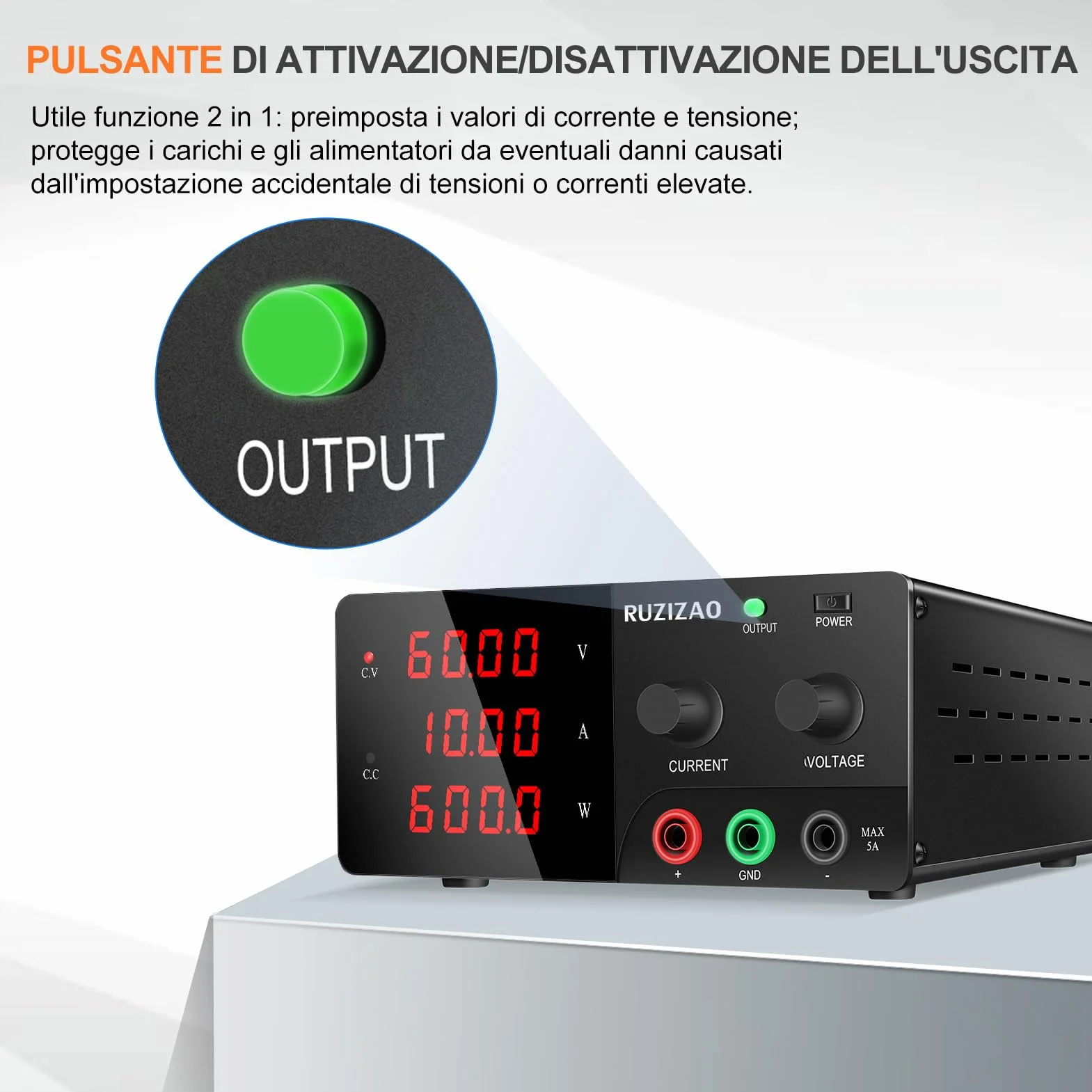 Alimentatore da Banco 60V 10A 600W Alta Potenza Alimentatore da Laboratorio Regolabile con OUTPUT/Encoder, Alimentatore Stabilizzato con Display LED a 4 Cifre e Uscita Stabile per Elettronica