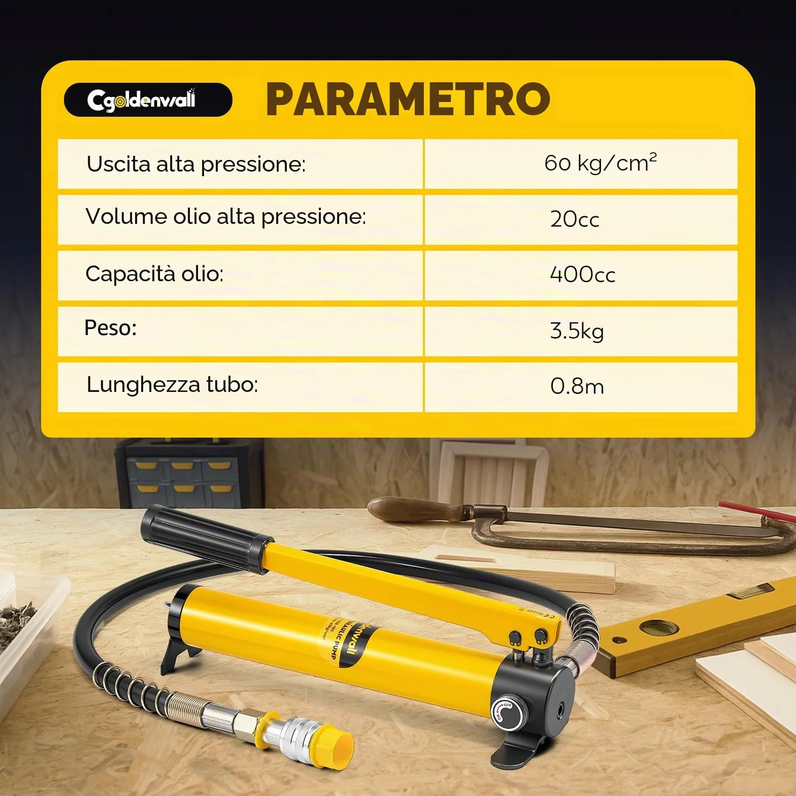 CGOLDENWALL CP-180 Pompa Idraulica Manuale, Alta Pressione 60kg/cm², Contenuto di Olio 400cc, con Lunghezza Tubo 0,8m, per Martinetti 10T/20T