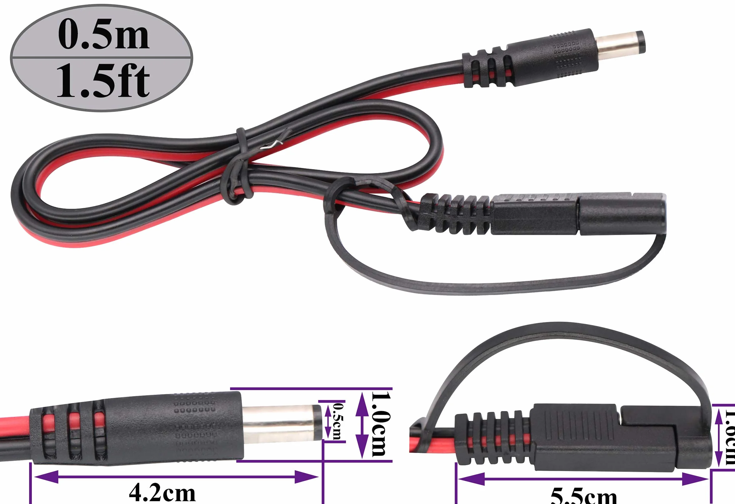 CC a SAE Cavo Spina SAE a CC 5,5 mm x 2,1 mm Adattatori Maschio Cavi per Pannelli Fotovoltaici per Autoveicoli Pannelli Batteria Solare Cavi di Collegamento(0,5M/1,5 Piedi-2 Pezzi)