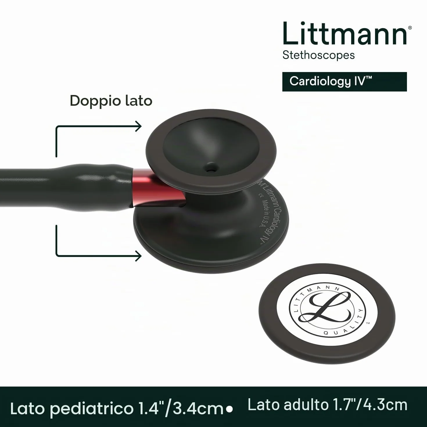 3M Littmann Stetoscopio diagnostico Cardiology IV, testina con finitura nera, tubo auricolare nero, connettore e archetto rossi, 69 cm, 6200