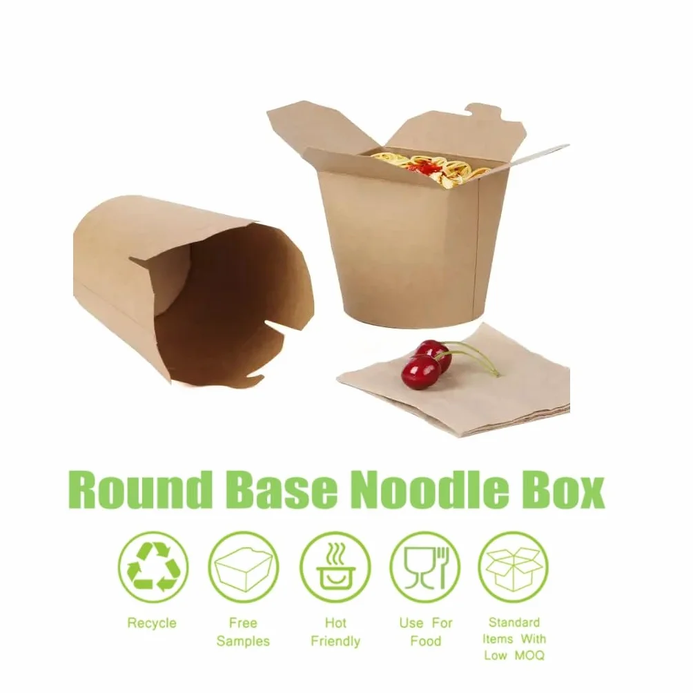 Bio Noodle Box Scatole da Asporto 480ml – 50 Pezzi Kraft Cartone con Coperchio Pieghevole