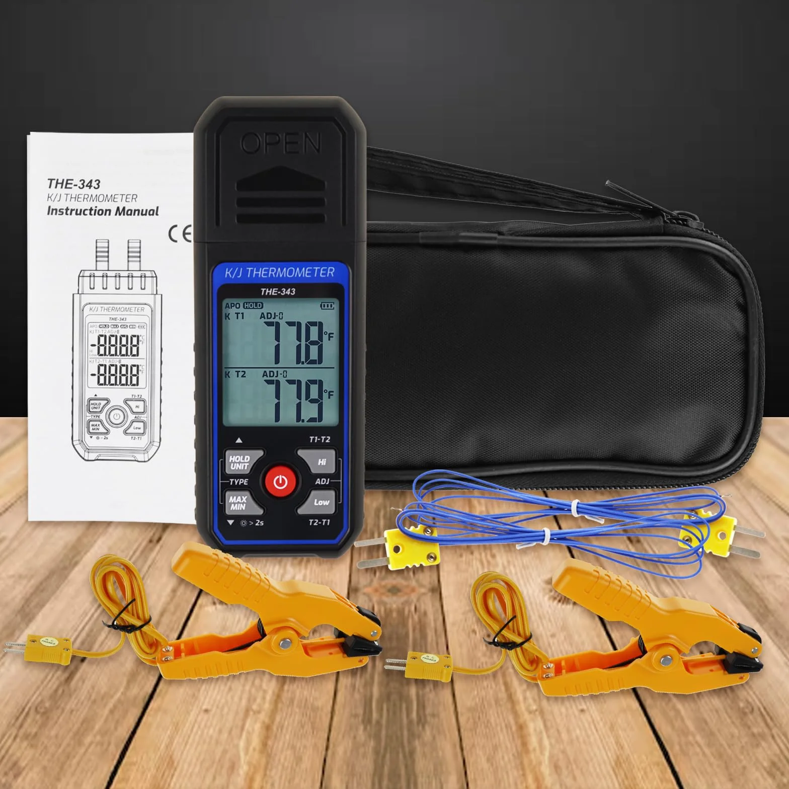 Termometro Digitale a Termocoppia HVAC con 2 Pinze Termometriche e 2 Sonde Cablate, Doppio Canale Allarme Compensazione ADJ (-328~2500℉)