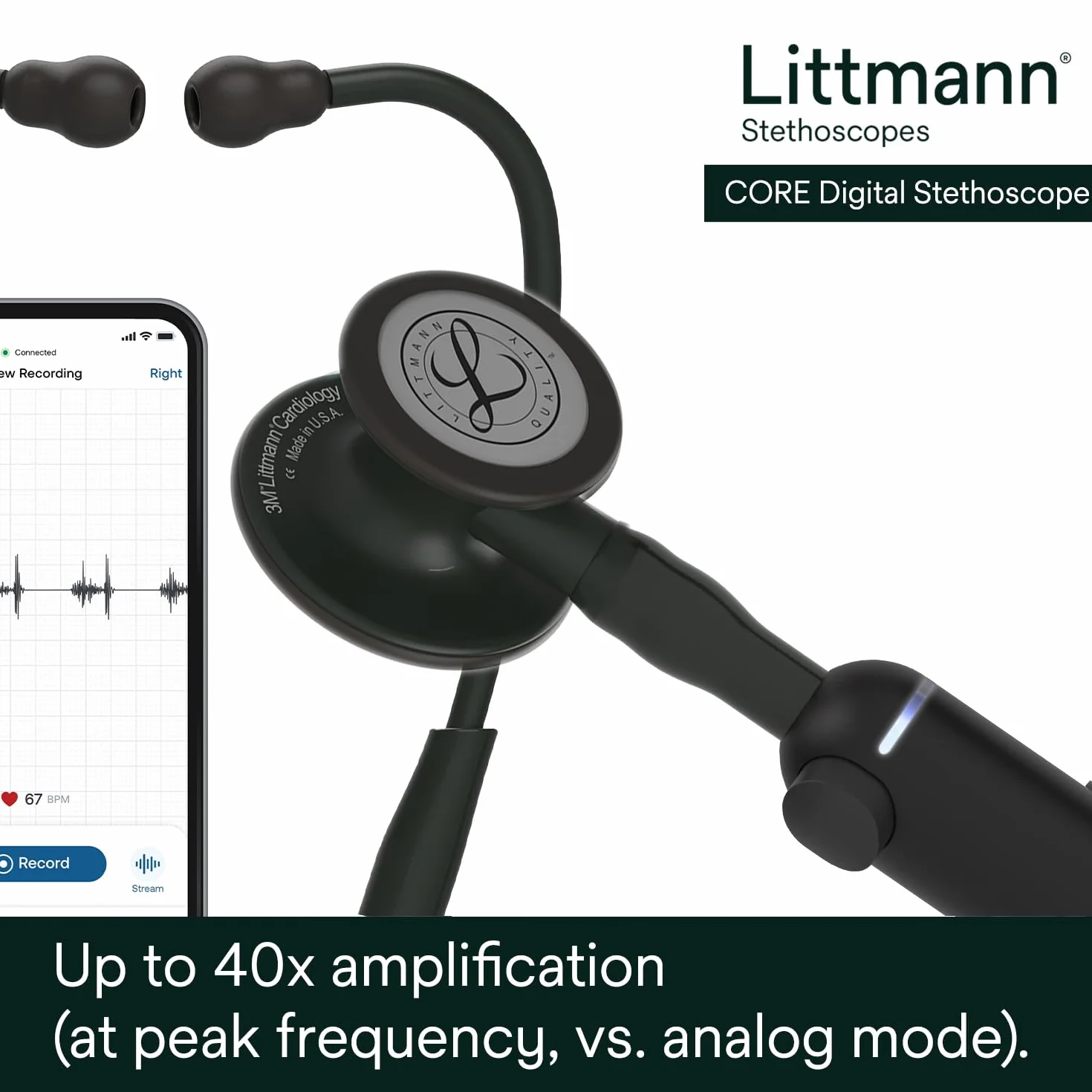 3M Littmann Stetoscopio Digitale CORE, 8490, testina nera, tubo, gambo e auricolare, 69 cm