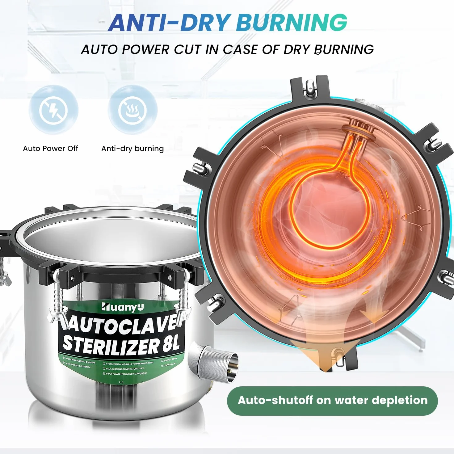 Huanyu Sterilizzatore autoclave 8L con doppia valvola Autoclave a vapore da laboratorio Protezione contro le bruciature a secco Sterilizzatore a vapore ad alta pressione per laboratori università