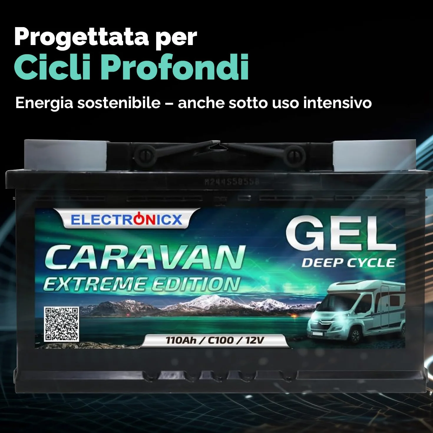 Electronicx Batteria di alimentazione GEL Caravan Extreme 12V 110Ah – 315x175x190 mm – Barca, van, camper, roulotte, batteria da campeggio – polo positivo a destra – senza manutenzione
