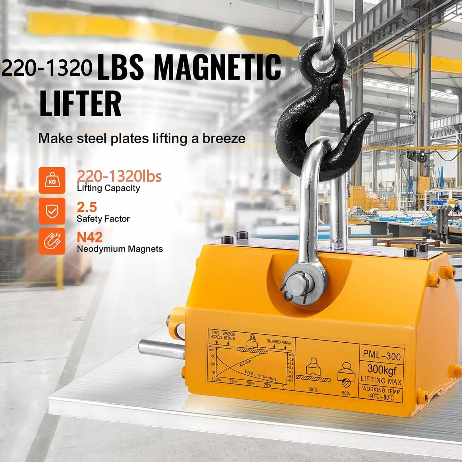 Magneti di Sollevamento,Sollevatori magnetici con Dispositivo di sgancio,Magneti permanenti Sollevamento,Magneti per carichi Pesanti per Gru,Gru da Officina,Piastre in Acciaio ()