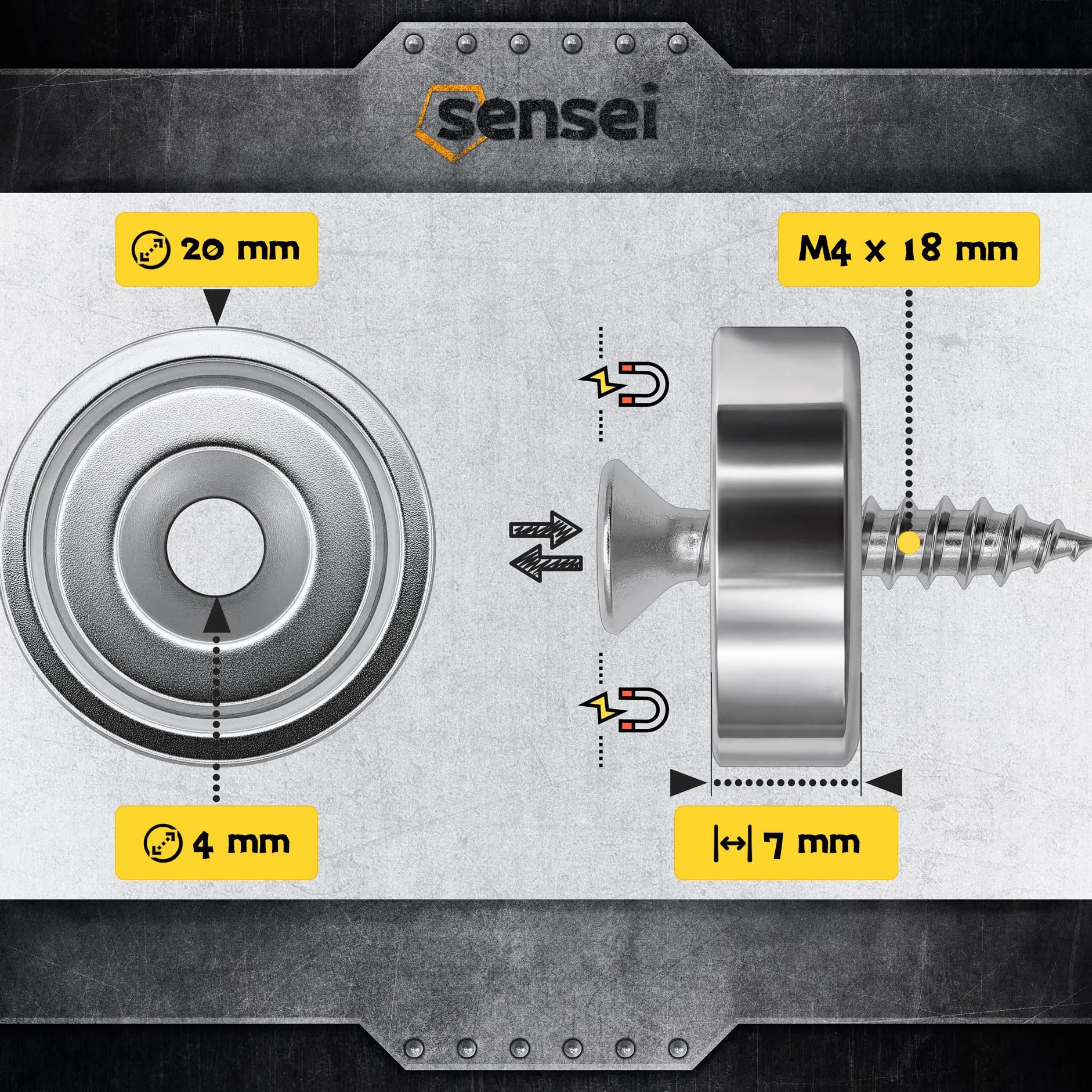 SENSEI Magnete Potente da Avvitare 20x7 mm 12 kg Set da 8 Calamite Industriali