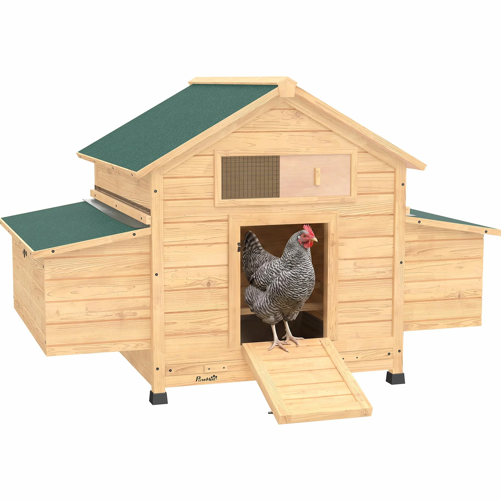 PawHut Pollaio in Legno con 2 Nidi, Pollaio per Galline da Esterno con Tetto Apribile Impermeabile, Vassoio Estraibile e Trespoli, Casetta per 2-4 Galline, Anatra, Giardino, 150x100x96.5 cm, Giallo
