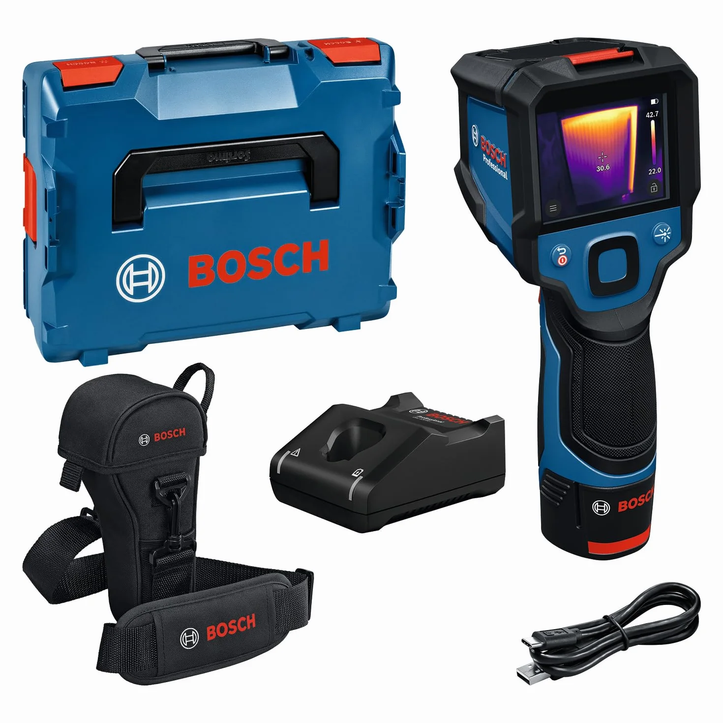 Bosch professional Termocamera GTC 12V-450-13 (256x192 px, da -20°C a +450 °C, doppia alimentazione, batteria agli ioni litio GBA 12V 2,0 Ah, caricabatterie GAL 12V-40, custodia, cavo USB-C®, L-Boxx)