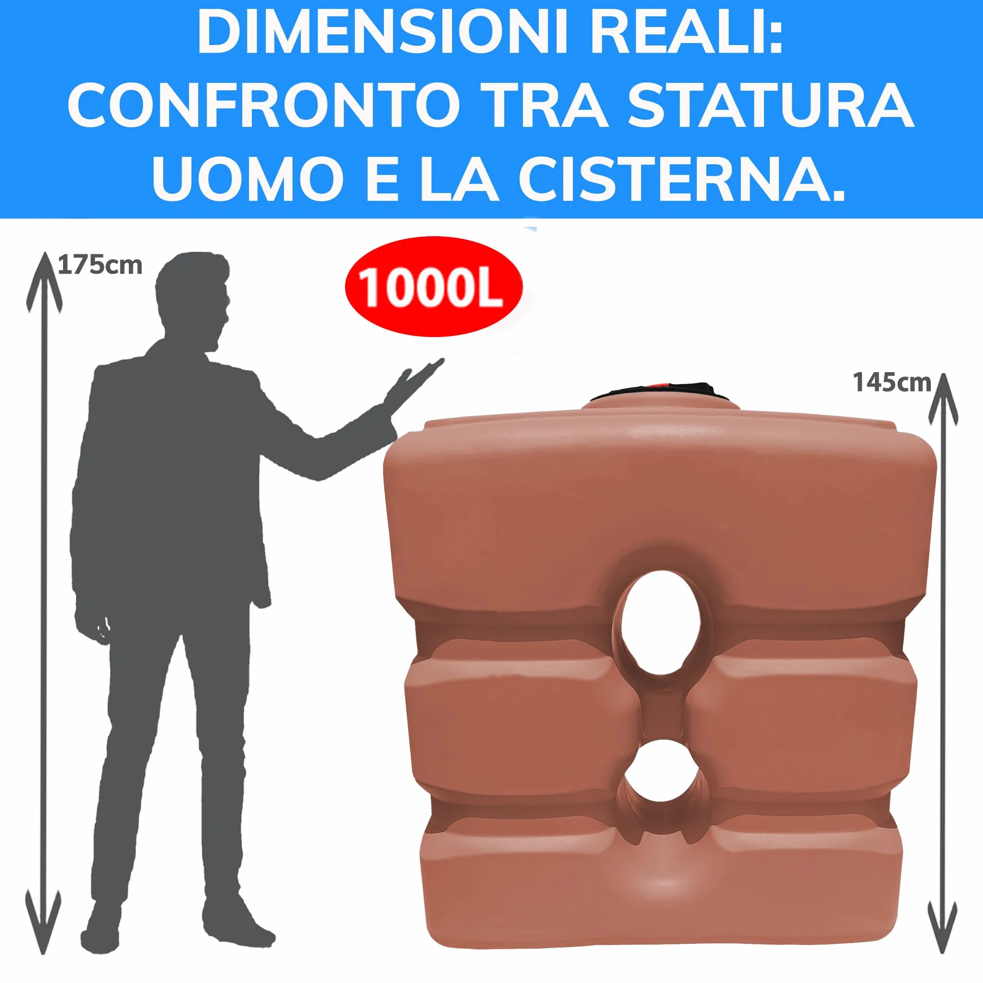 ESTO Serbatoio Acqua Verticale FINTA TERRACOTTA 1000L Cisterna Biforo, Bidone in Polietilene, Potabile o Piovana con Press Control e Pompa Elettrica (1000 Litri)
