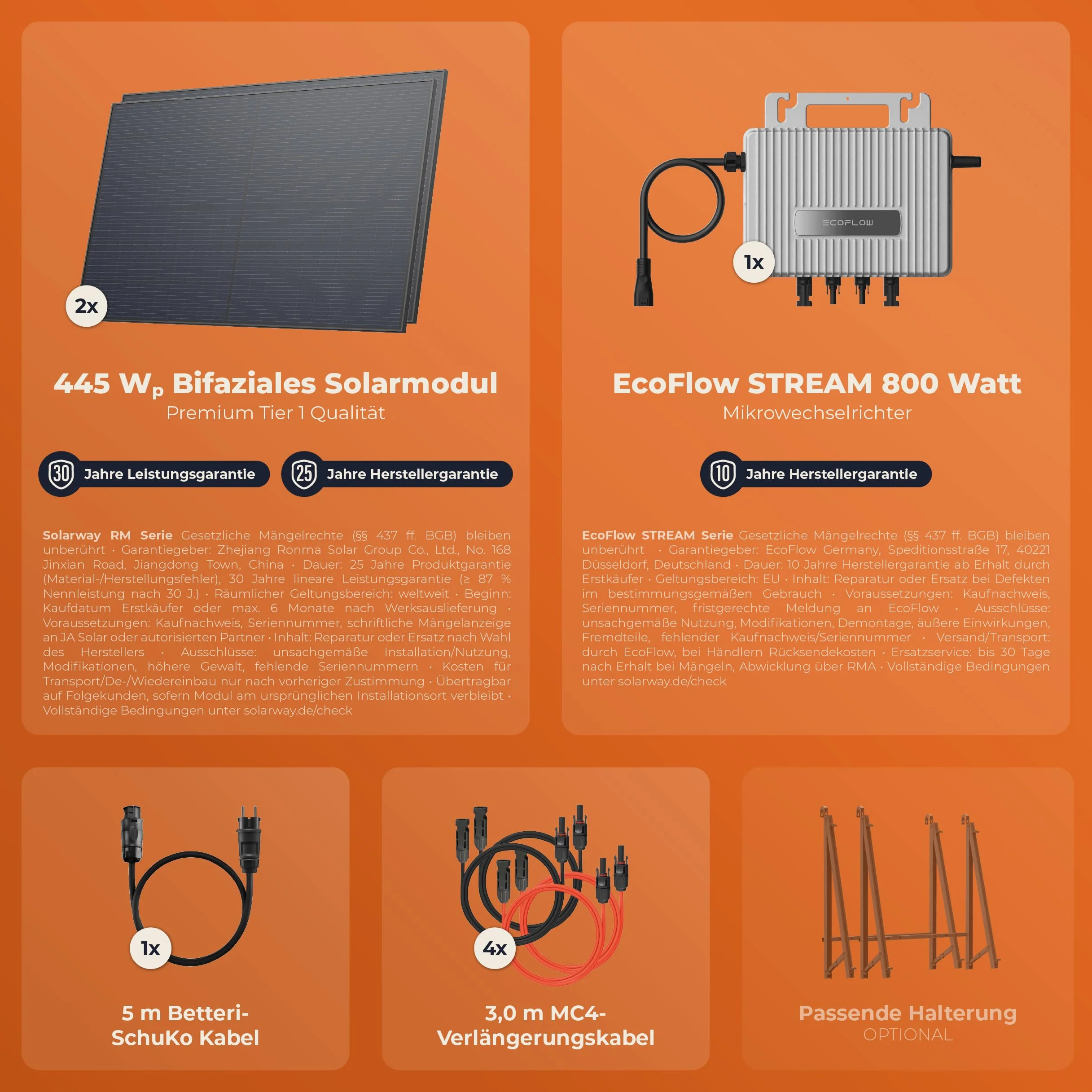 Solarway 880 Wp 800 W Centrale elettrica da balcone completa Inverter EcoFlow Stream 800W Moduli bifacciali Black 440 W