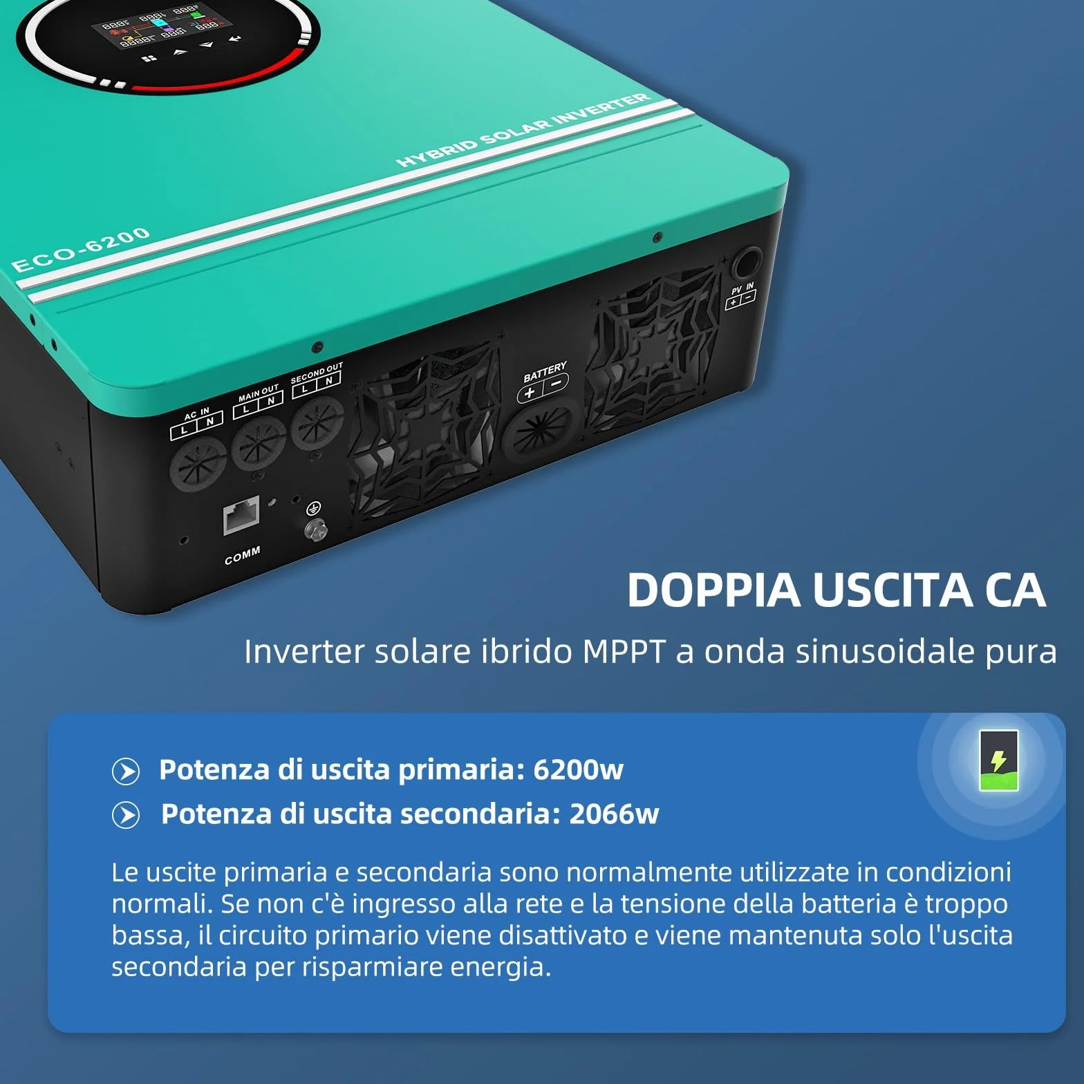 Anern Inverter solare ibrido 6200W Mit WIFI 48VDC a 220 V/230 VAC con regolatore solare 120A, ingresso PV max.500 V, funzionamento con batterie al piombo da 48V e al litio