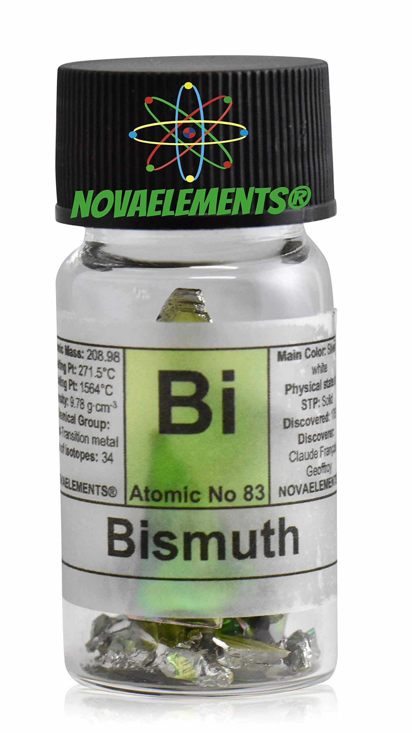 Bismuto metallico elemento 83 Bi, cristallo singolo puro circa 12 grammi 99,99% in fiala di vetro con etichetta, fiala piena