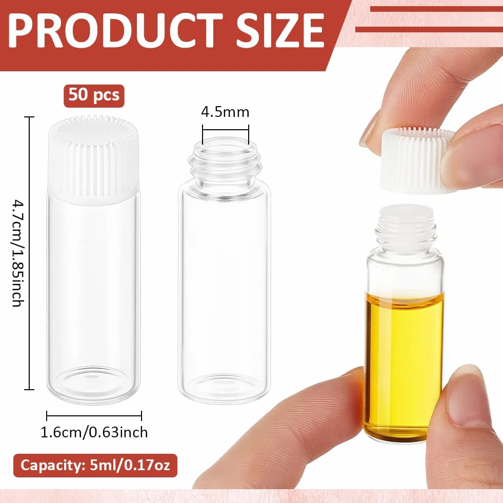 BENECREAT 50 Fiale di Vetro Bianco da 5ml con Tappo a Vite, Bottiglie Olio Essenziale A Prova di Perdite, Contenitore Campioni Ricaricabile per Aromaterapia