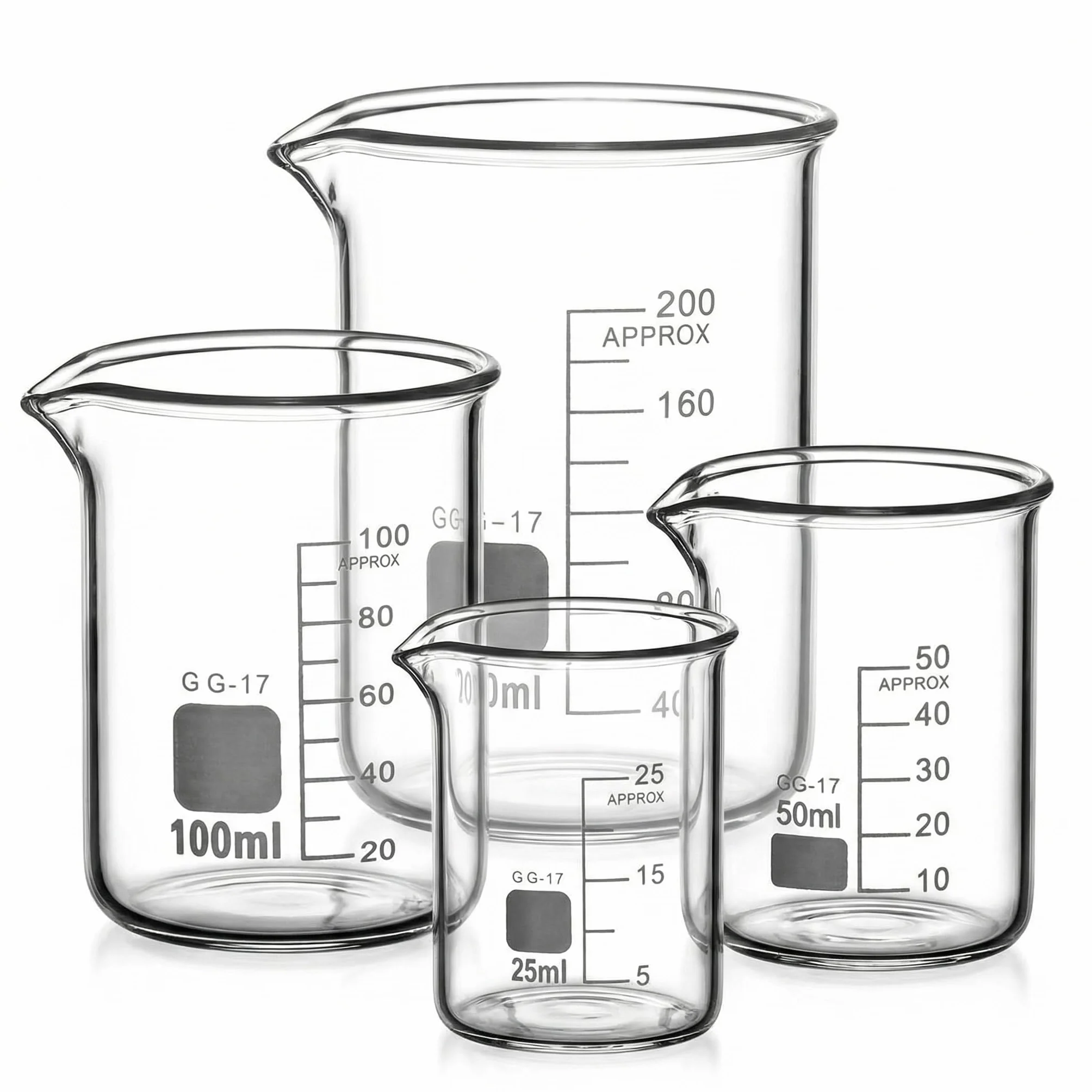 QWORK® Becher Graduato 25ml 50ml 100ml 200ml in Vetro Borosilicato 3.3, Set di 4 Misurino Graduato per Laboratorio Scientifico Cucina