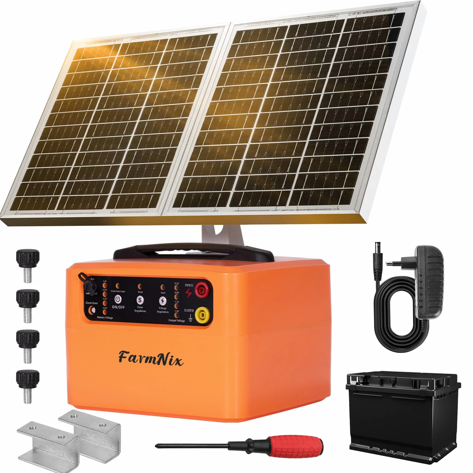 48 KM Elettrificatore per Recinto Elettrico Solare, 0,3 J–1,5 J, 6 KV–12 KV Recinto Elettrico per Animali da 15 W, con Batteria al Piombo da 12 V 7 Ah Integrata, Adatto per Bovini, Fattorie e Giardini