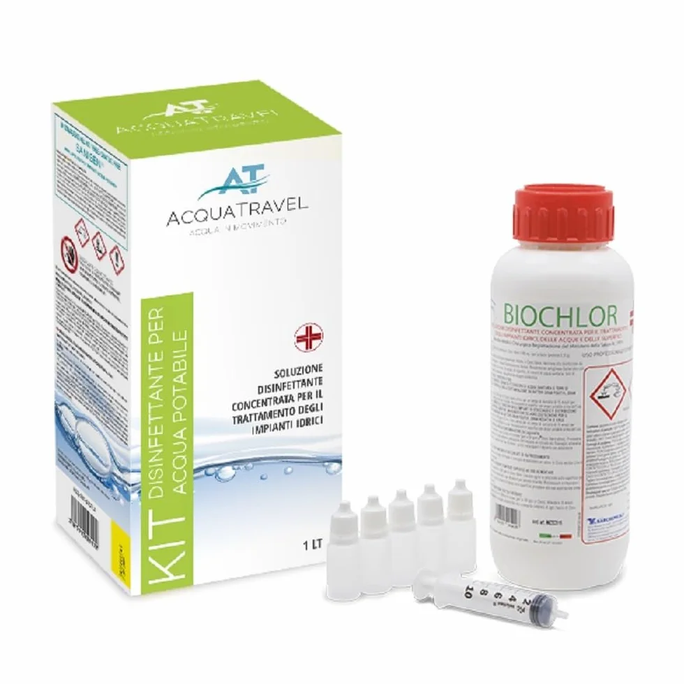 Acquatravel BIOCHLOR 1Litro Disinfettante Antibatterico concentrato per acque Chiare, per disinfezione Serbatoi Acqua Camper e Barche, superfici e Alimenti 1 litro Acquatravel