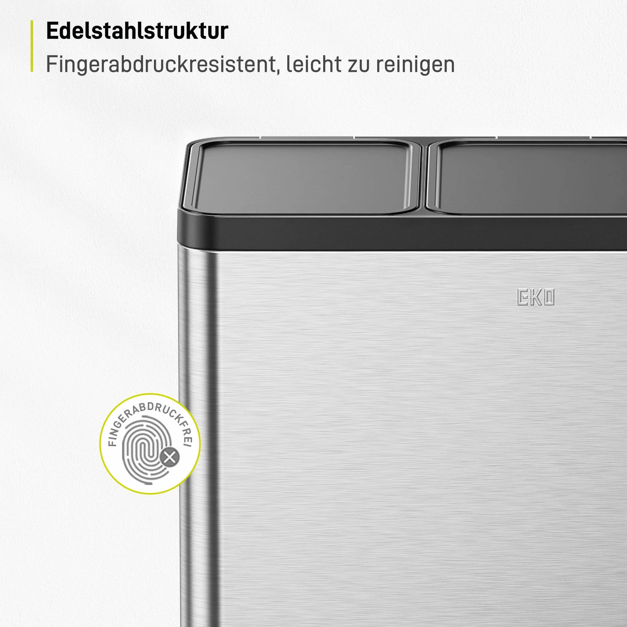 EKO Essential - Pattumiera a 3 scomparti, 3 x 20 litri, sistema di raccolta differenziata, con 20 sacchi della spazzatura, con coperchio, chiusura delicata e ermetica, in acciaio inox spazzolato