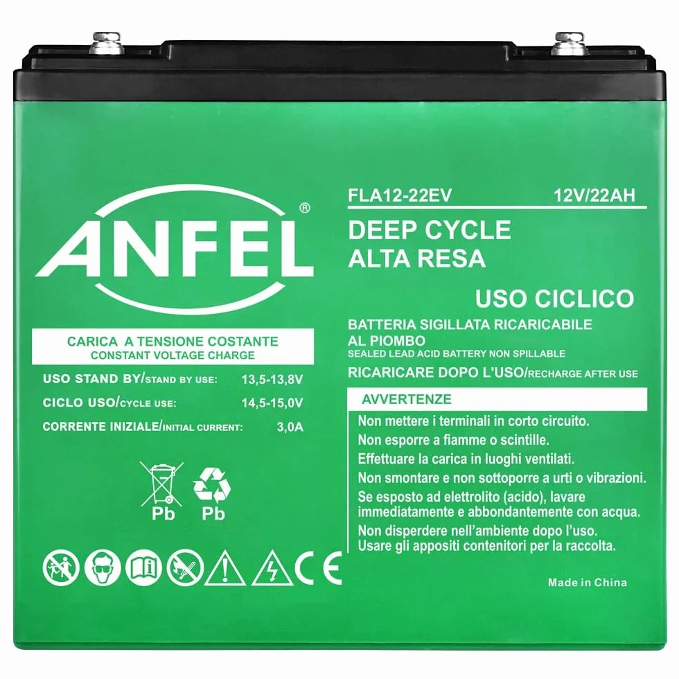 Batteria 12V 22Ah CICLICA sigillata VRLA Ricaricabile AGM Deep Cycle Senza manutezione Solare Camper Barca Nautica UPS Sicurezza Veicoli Elettrici eBike Scooter Impianti fotovoltaici SCARICA LENTA