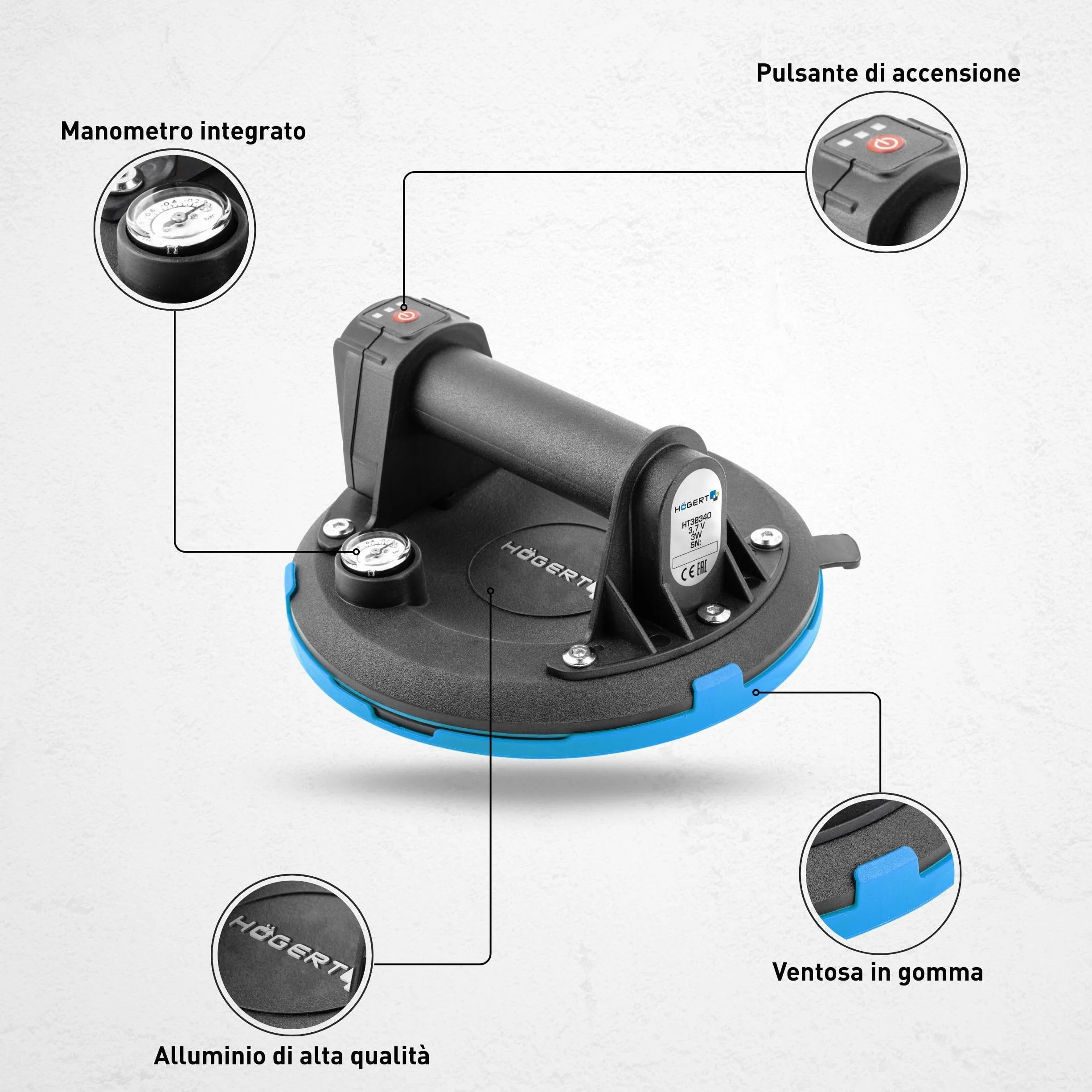 HÖGERT TECHNIK - Ventosa a batteria da 200 mm con manometro, aspirapolvere a batteria Heavy Duty, carico: 150 kg, la ventosa viene utilizzata per il trasporto di vetrate, oggetti lisci e piastrelle in