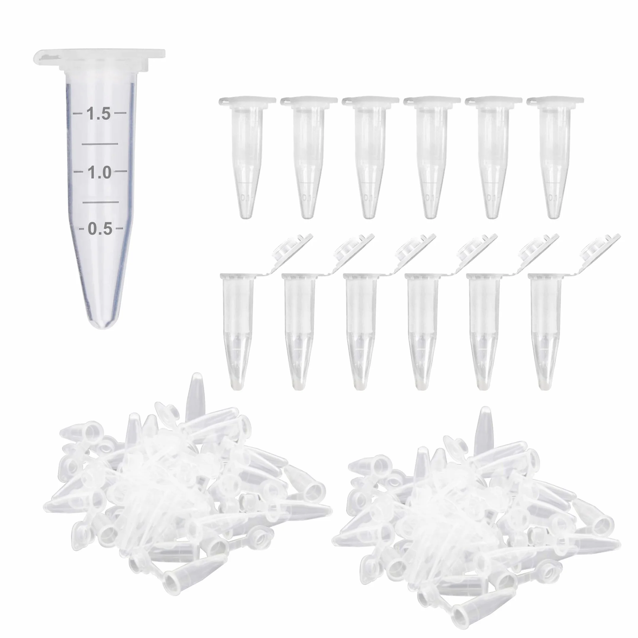 HUAZIZ 200 Pezzi 1,5 ml Plastica Centrifuga Provetta con Testa a Punta, Micro Provette da Laboratorio Conical Centrifuge Tubes Trasparente Graduata di Polipropilene con Tappo Piatto