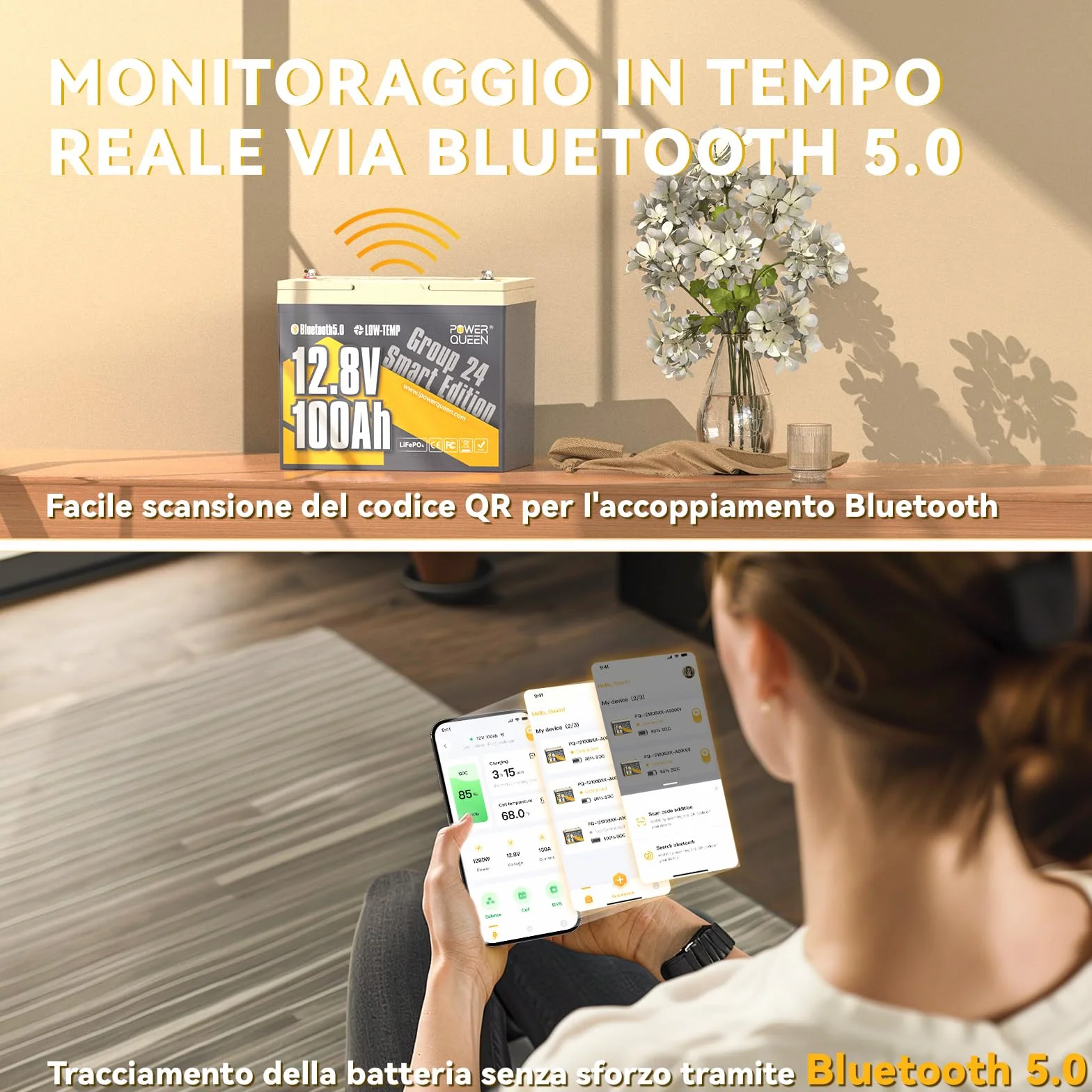 Power Queen 12V100Ah Bluetooth Gruppo24 Batteria al litio LiFePO4,Protezione dalle Bassa Temperatura con 100A BMS, Energia 1280Wh,15000 Cicli per Rimorchio RV,Trolling motor,Barco,Solare,Fuori Rete.