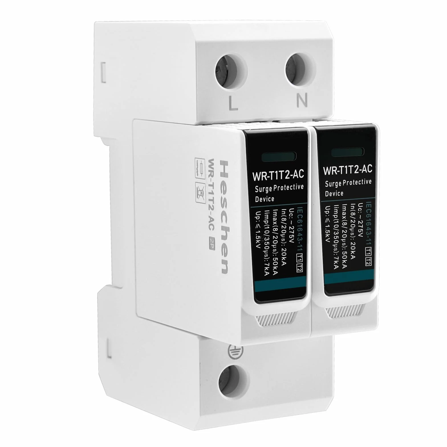 Heschen Dispositivo di protezione contro le sovratensioni SPD, WR-T1T2-AC, 2P 275V, in 20kA, Iimp 7KA, tipo T1+T2, ignifugo, dispositivo di parafulmine a bassa tensione, montaggio su guida DIN 35