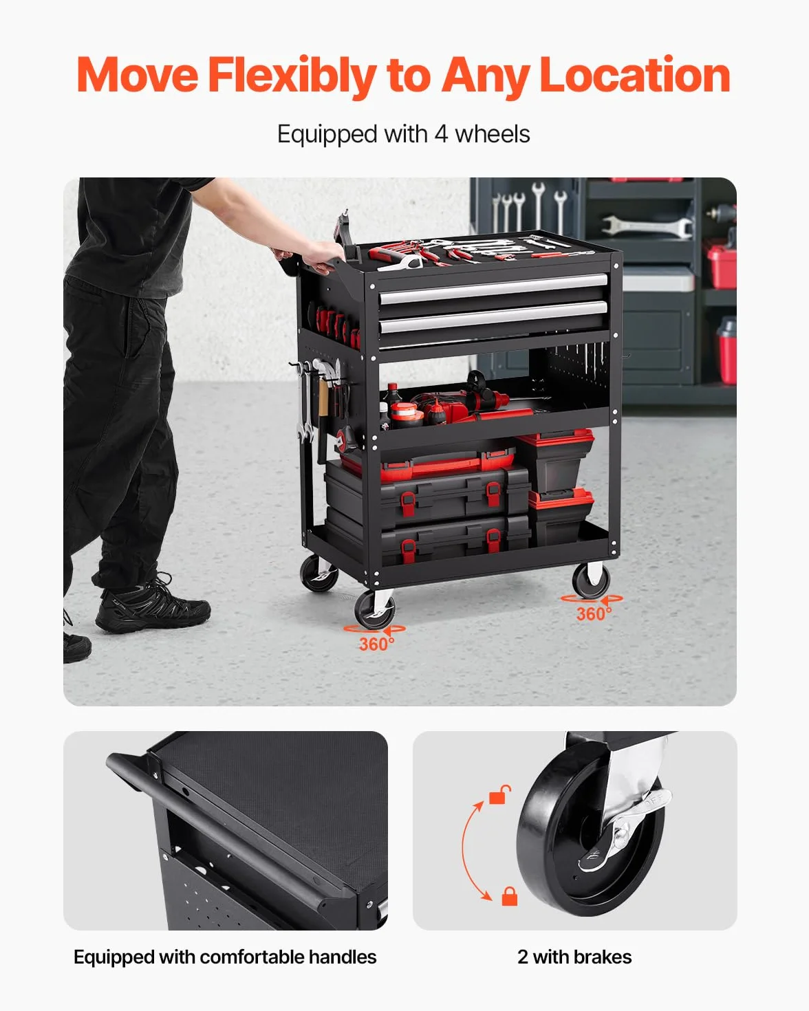 VEVOR Carrello Portautensili a 5 Ripiani con Ruote, Carico 181,4 kg Carrello da Lavoro con 2 Cassetti e Pannello Forato, Organizzatore per Utensili Meccanici con Sistema di Bloccaggio per Garage, Nero
