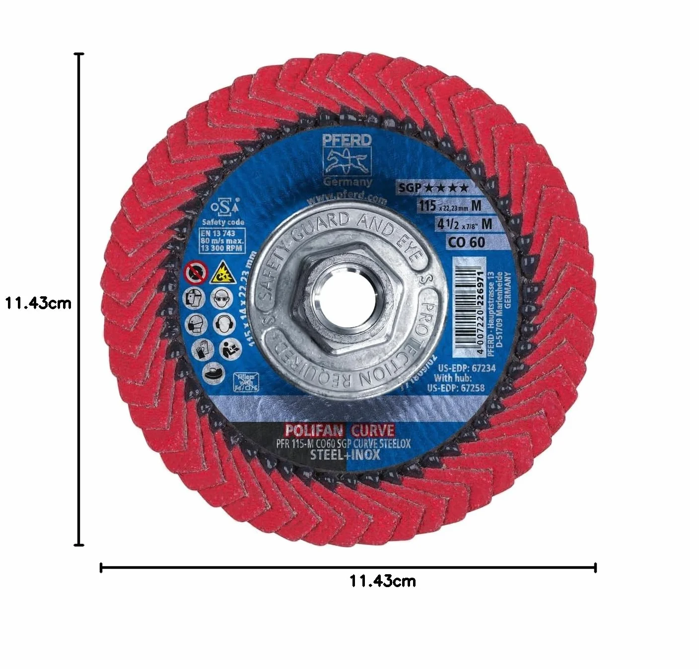 Pferd, 67258, Polifan Pfr curva radiale tipo disco lamellare, ossido di ceramica, diametro 4 – 1/5,1 cm, 5/8 – 11 thread, 13300 rpm, 60 Grit