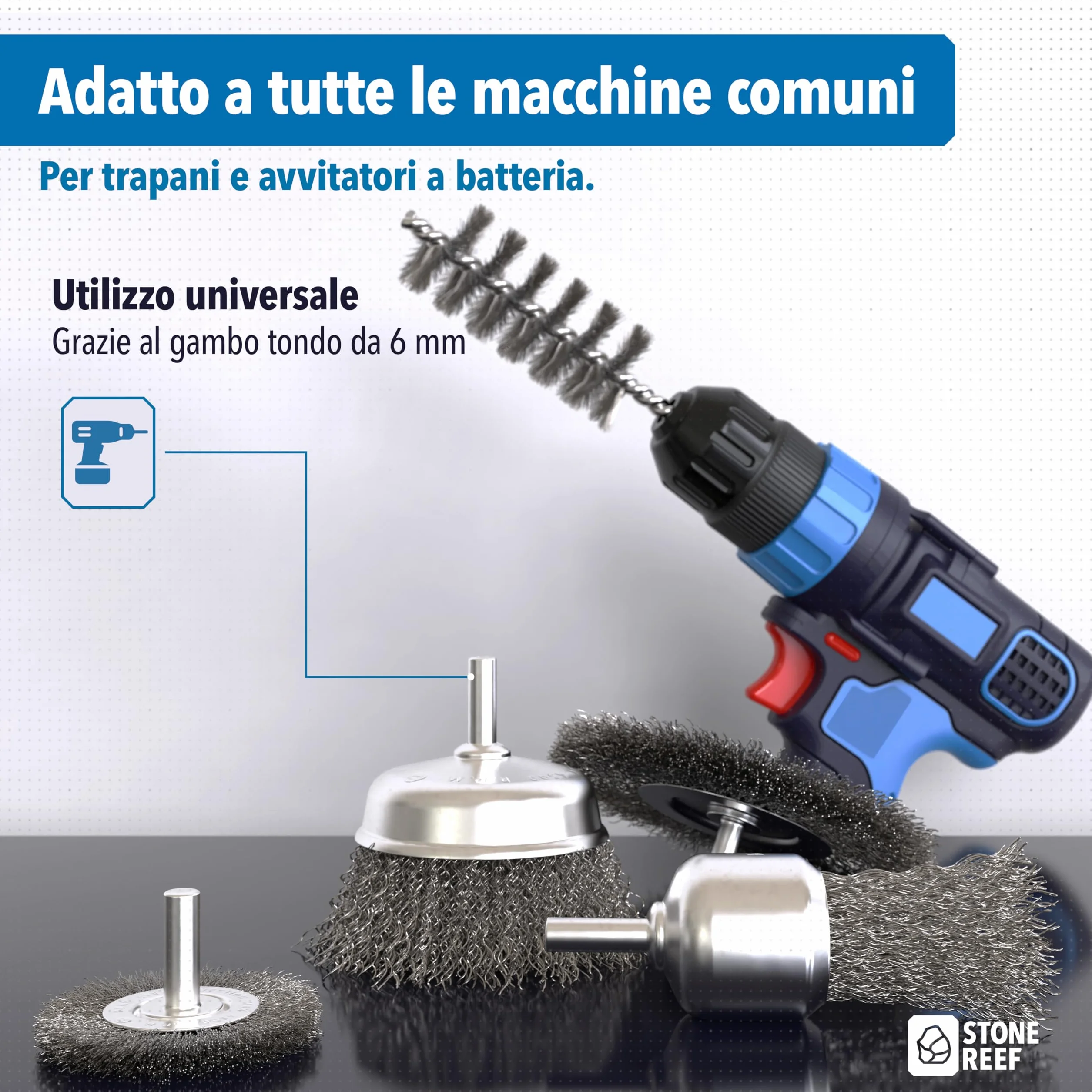 STONE REEF Set di 5 spazzole metalliche, fusto rotondo da 6 mm, trapani, avvitatore a batteria, accessori universali per la lavorazione della superficie, ideale per rimuovere la ruggine e rimuovere