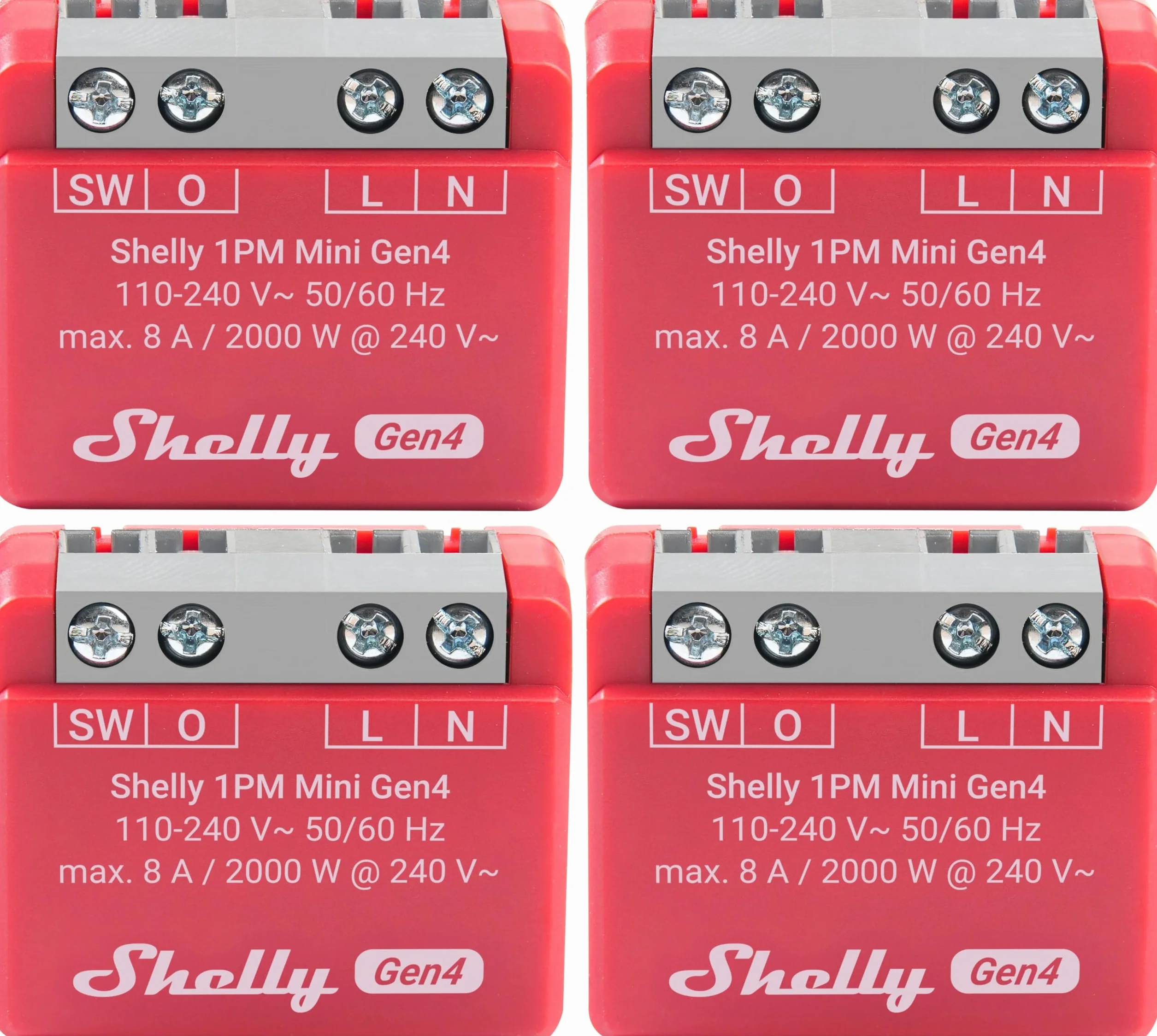 SHELLY Relè 1PM Mini Gen4, 8A, WLAN, Bluetooth, rosso, 4 pezzi