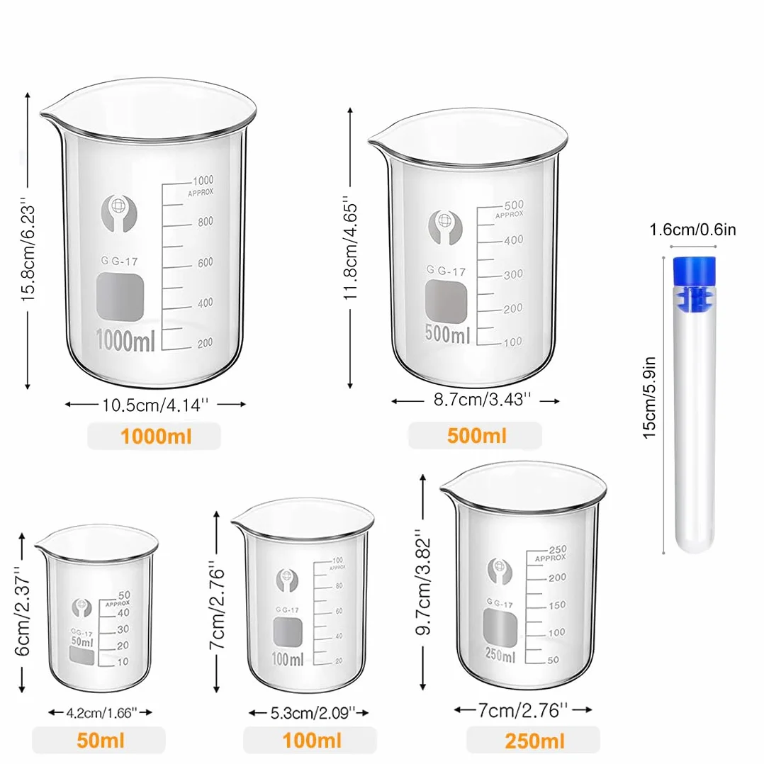 Becher Graduato in Vetro Borosilicato, Graduato Misurazione Bicchiere 1000ml/500ml/250ml/100ml/50ml con 8 Provette di Plastica, 3 Contagocce, 2 Barra di Agitazione,2 Spazzolini di Pulizia