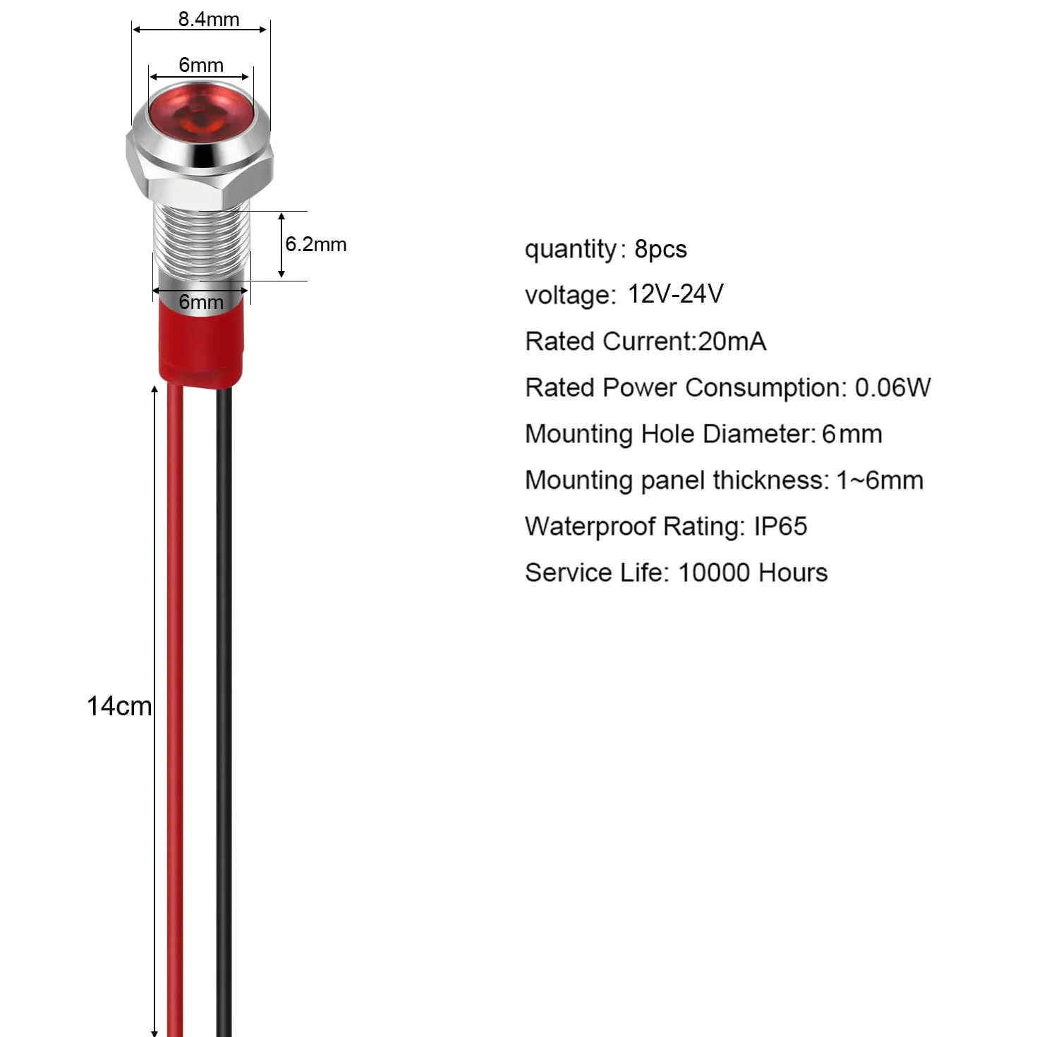 GUUZI 6mm LED Indicator 12-24V Waterproof Metal Panel Indicator Light Flat Head with Wires Silver Shell Red 8 Pcs