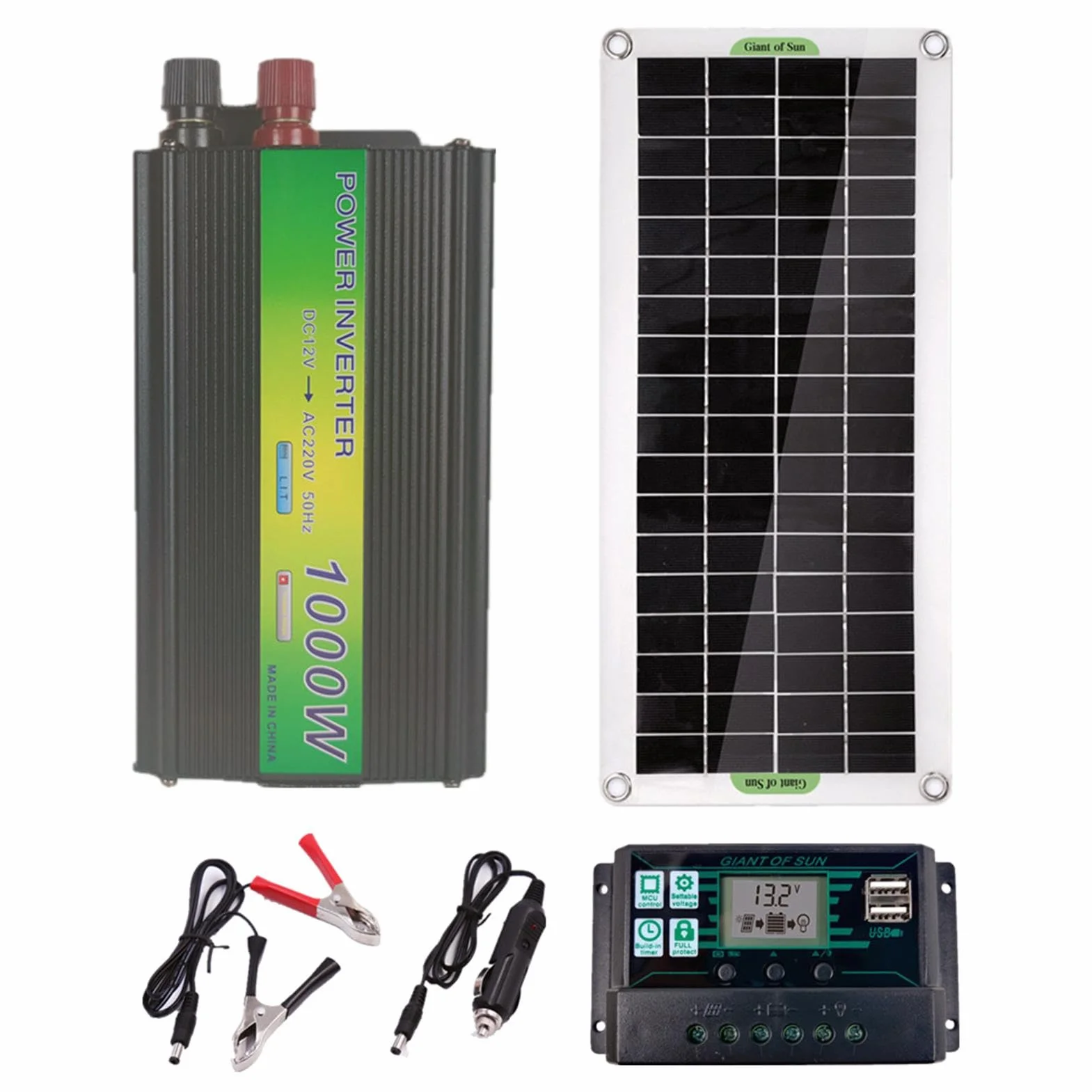 Pannello Solare - Modulo Solare Fotovoltaico Monocristallino Con Inverter Da 1000W | Kit Solare Completo Per Veicolo Automatico Con Clip Per Batteria E Display A LED Per La Casa