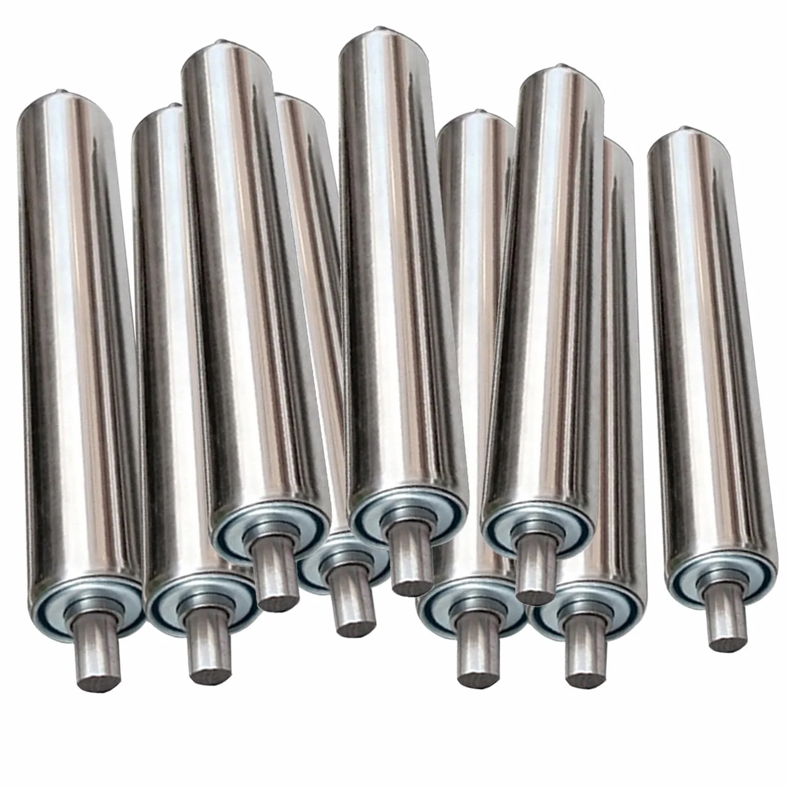 Rulli trasportatori resistenti in acciaio inox, 50 mm, 300 mm, 400 mm, 500 mm, 600 mm, 700 mm, 800 mm, rimovibili, per sistemi di nastri trasportatori, confezione da 10, diametro 5,1 cm