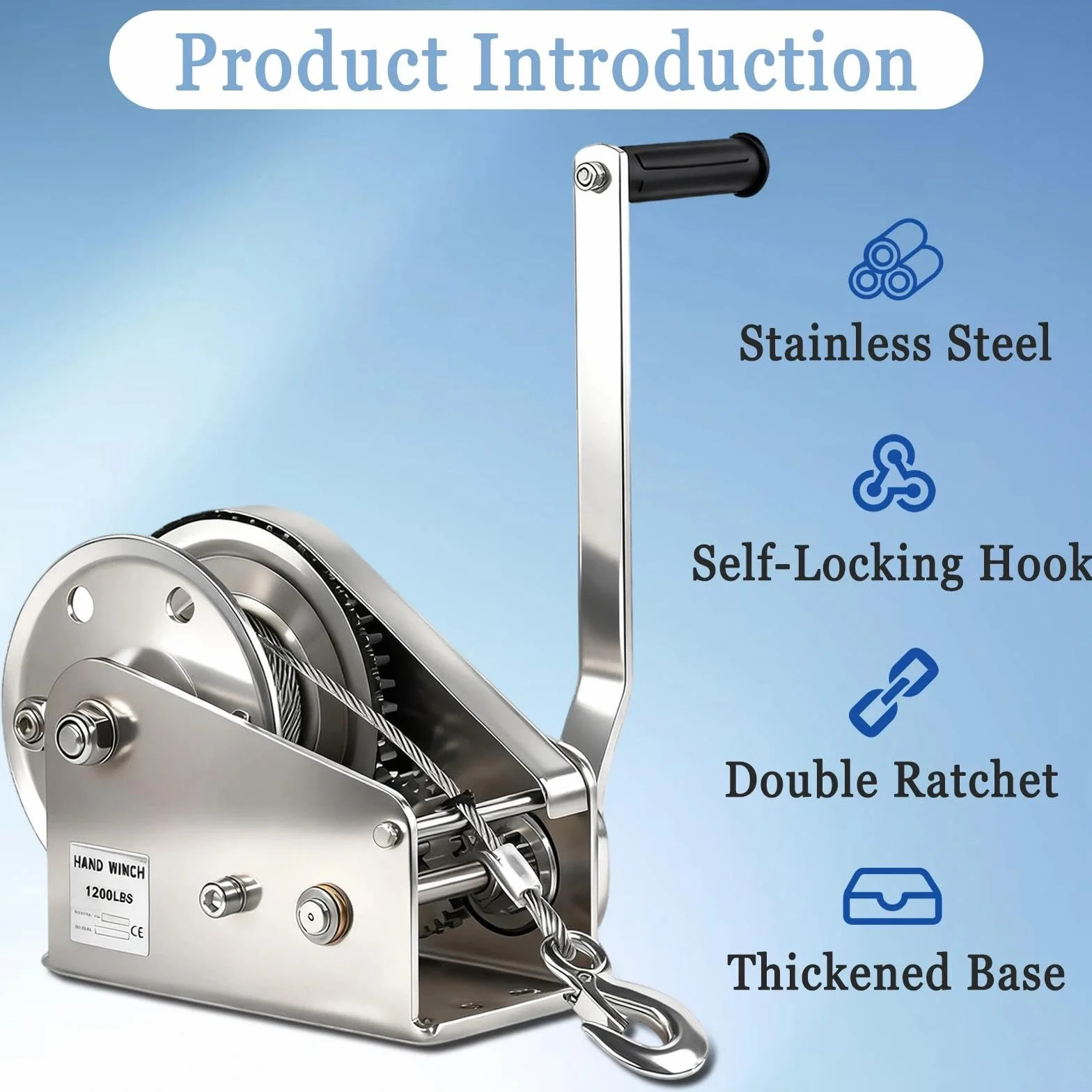 Verricello Manuale Acciaio Inox, Verricello Manuale Piccolo con Freno Automatico e Fune in Acciaio Antitorsione da 10 m, Argano Manuale per Traino, Sollevamento, uso Esterno