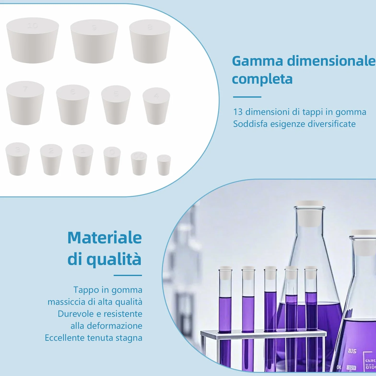 Set da 32 Tappi in Gomma Conico Bianco 13 Misure Tenuta Stagna per Laboratorio Riusabile