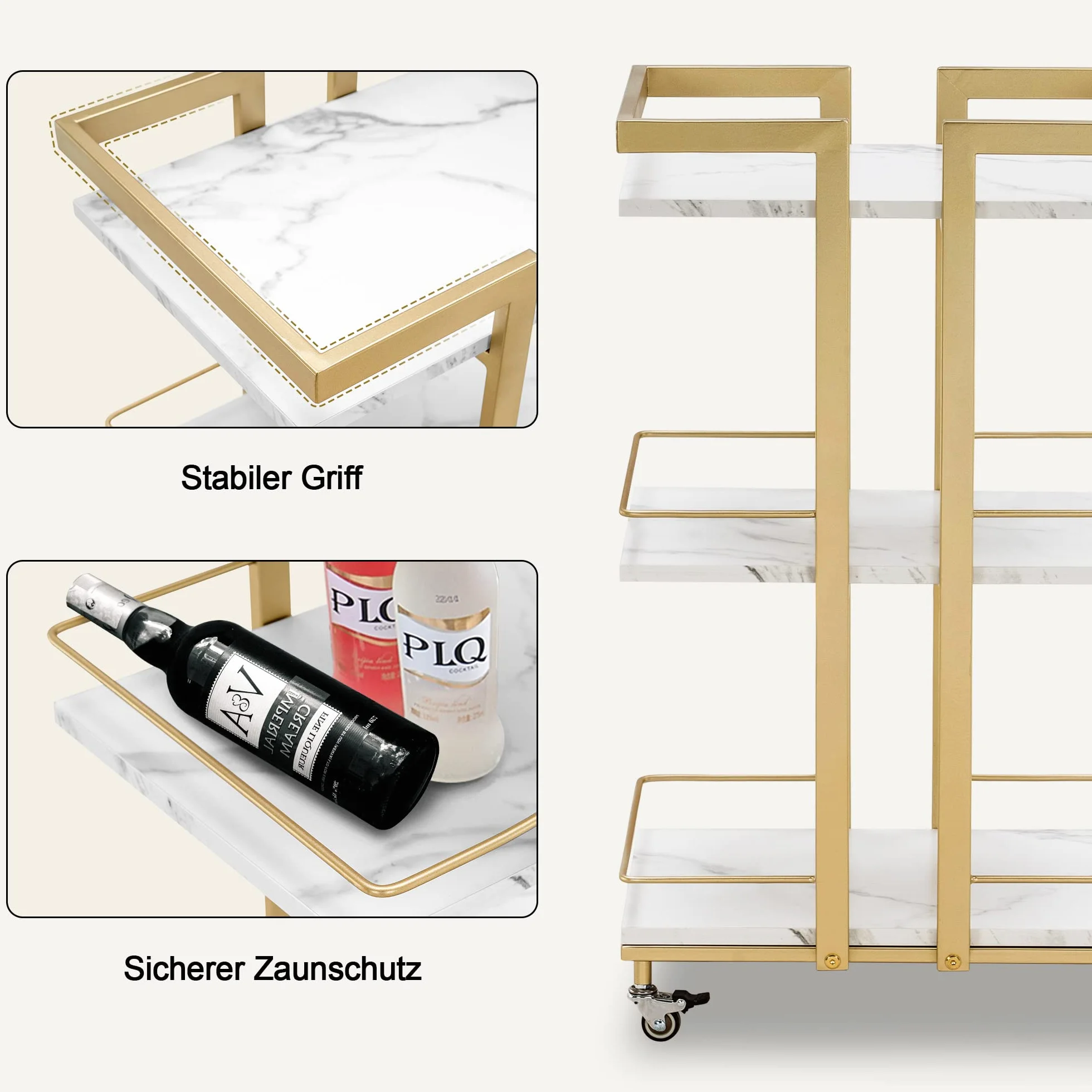 MCombo M carrello di servizio con rotelle, carrello da cucina carrello bar struttura in metallo, arrello moderno carrello multiuso con 3 livelli, per cucina soggiorno, 33x43x75cm, 0033