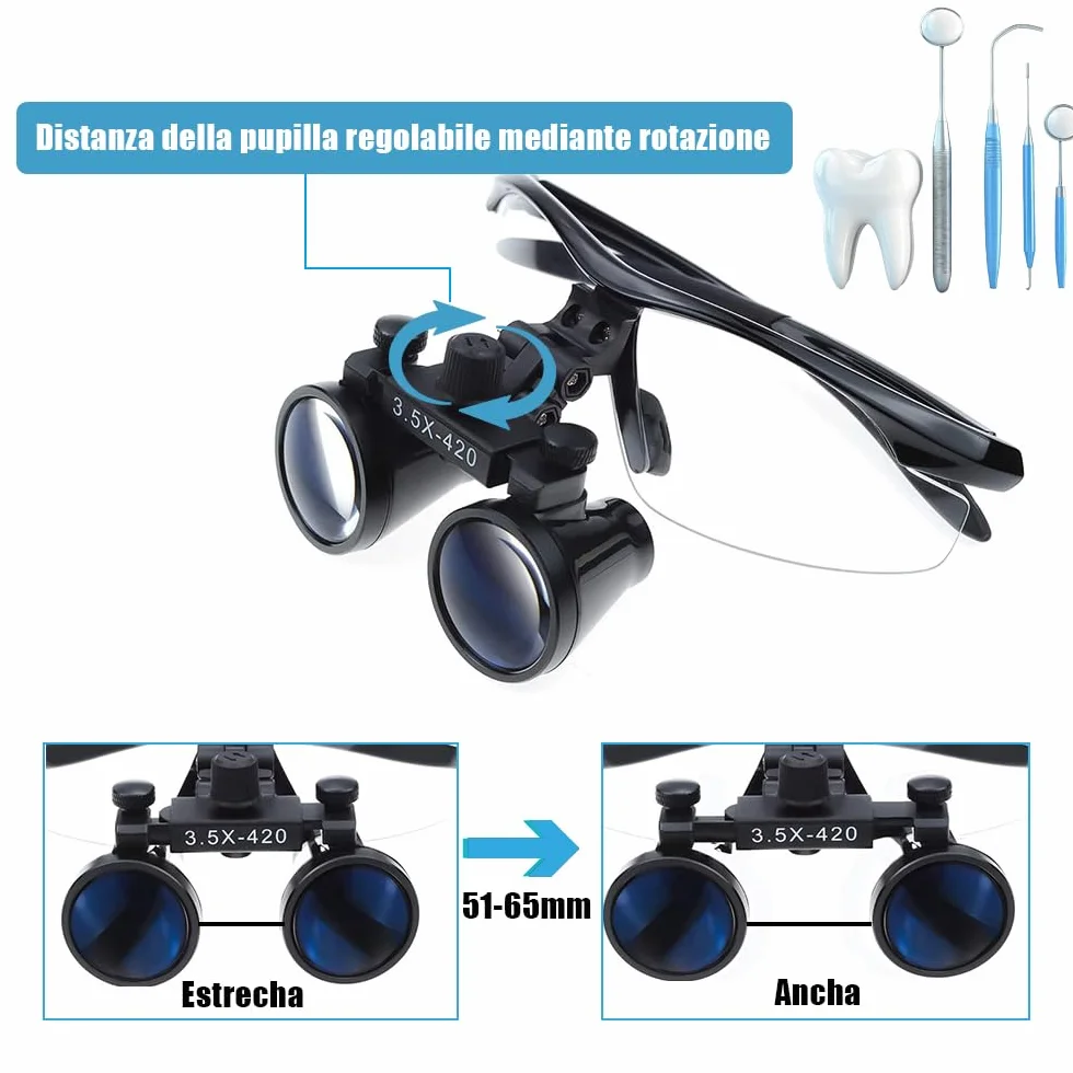 Occhiali di Ingrandimento 3.5X con Luce LED - Lenti Ottiche Dentali 420mm, Regolabili e Portatili, Ideali per Dentisti, Studenti Odontoiatria - Custodia Inclusa