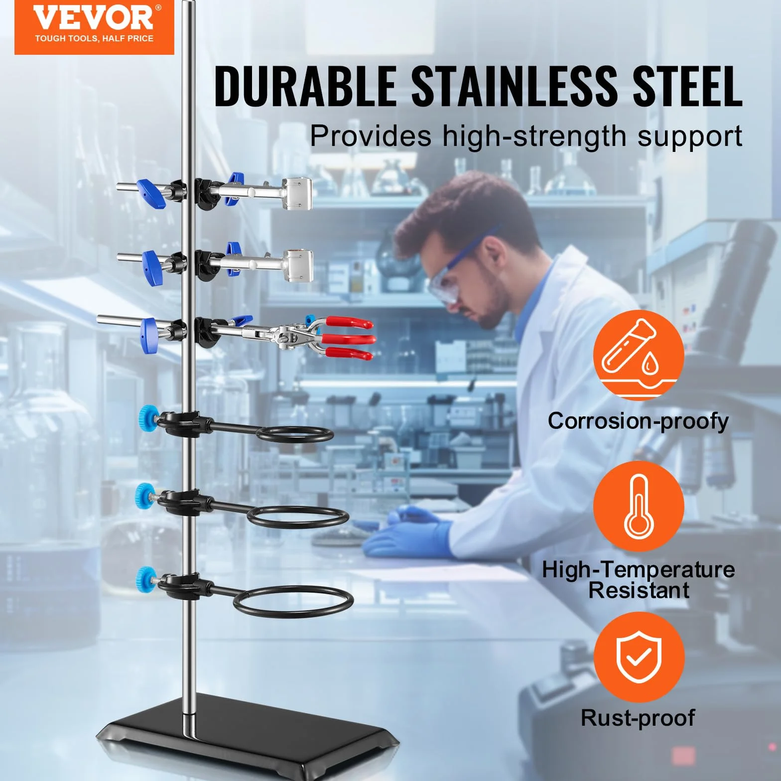 VEVOR Supporto da laboratorio in acciaio 23,6" e base in ghisa 8,3" x 5,3" con morsetti per matracci