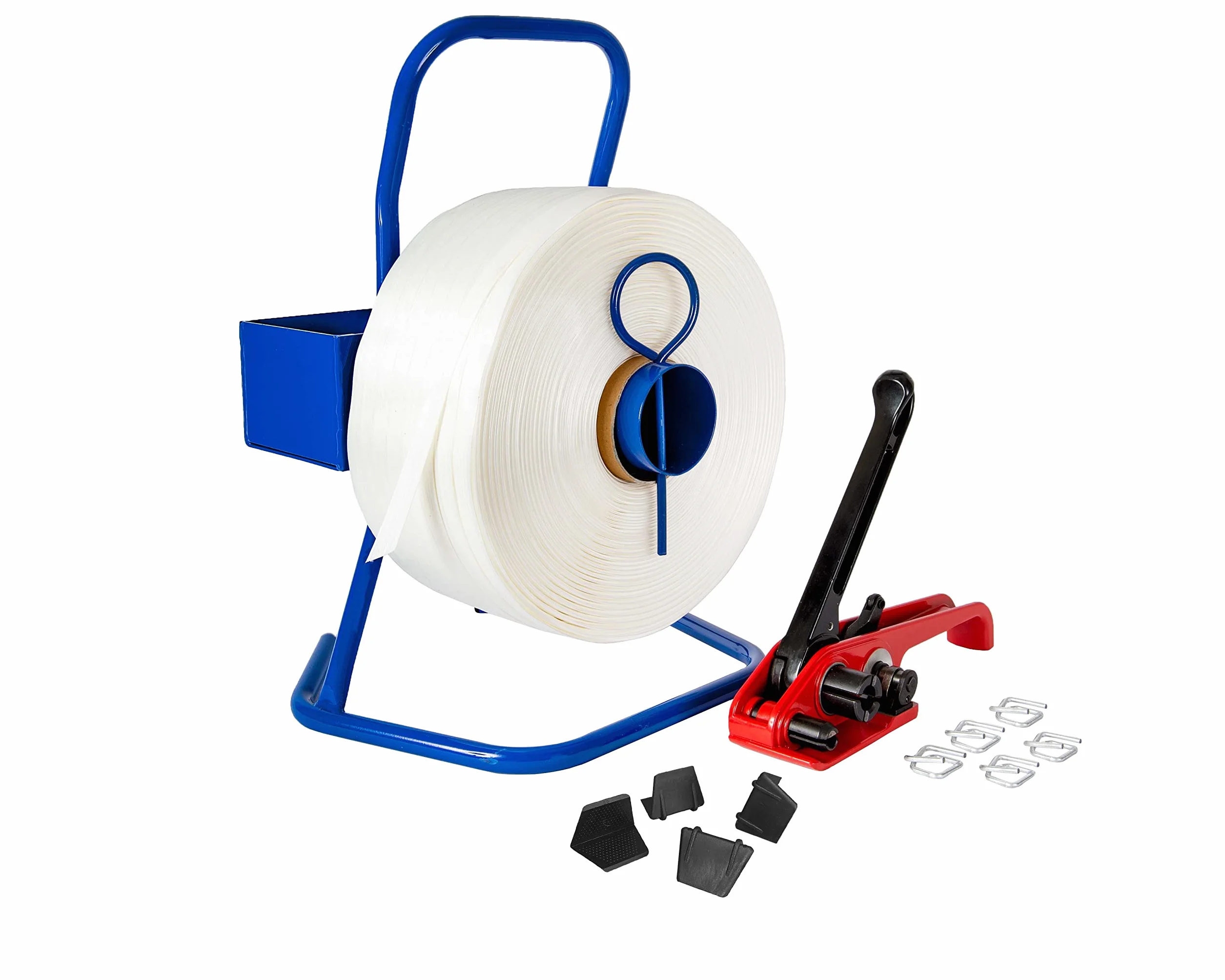 Set di reggiatura 16 mm completo con rullo - tenditore - 500 graffette e 850 m di nastro in poliestere e 100 angoli protettivi.