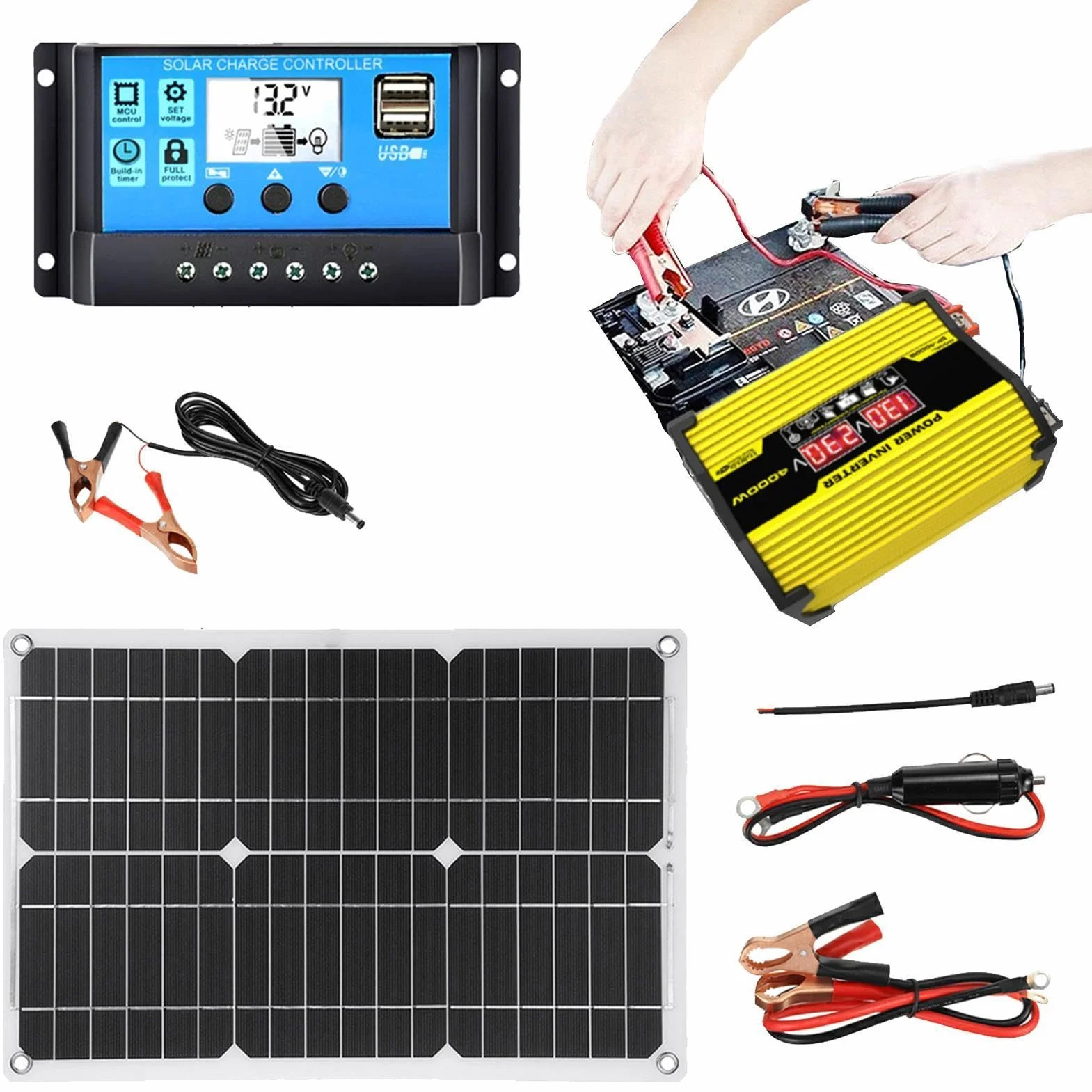 solare completo, pannello solare da 12 V, a pannello solare da 18 W, caricatore inverter da 300 W, convertitore Poweer da CC 12 V a CA 110 V/220 V, controller da 30 A con 2 porte USB e | caricatore inverter da 300 W, convertitore Poweer da CC 12 V a CA 11