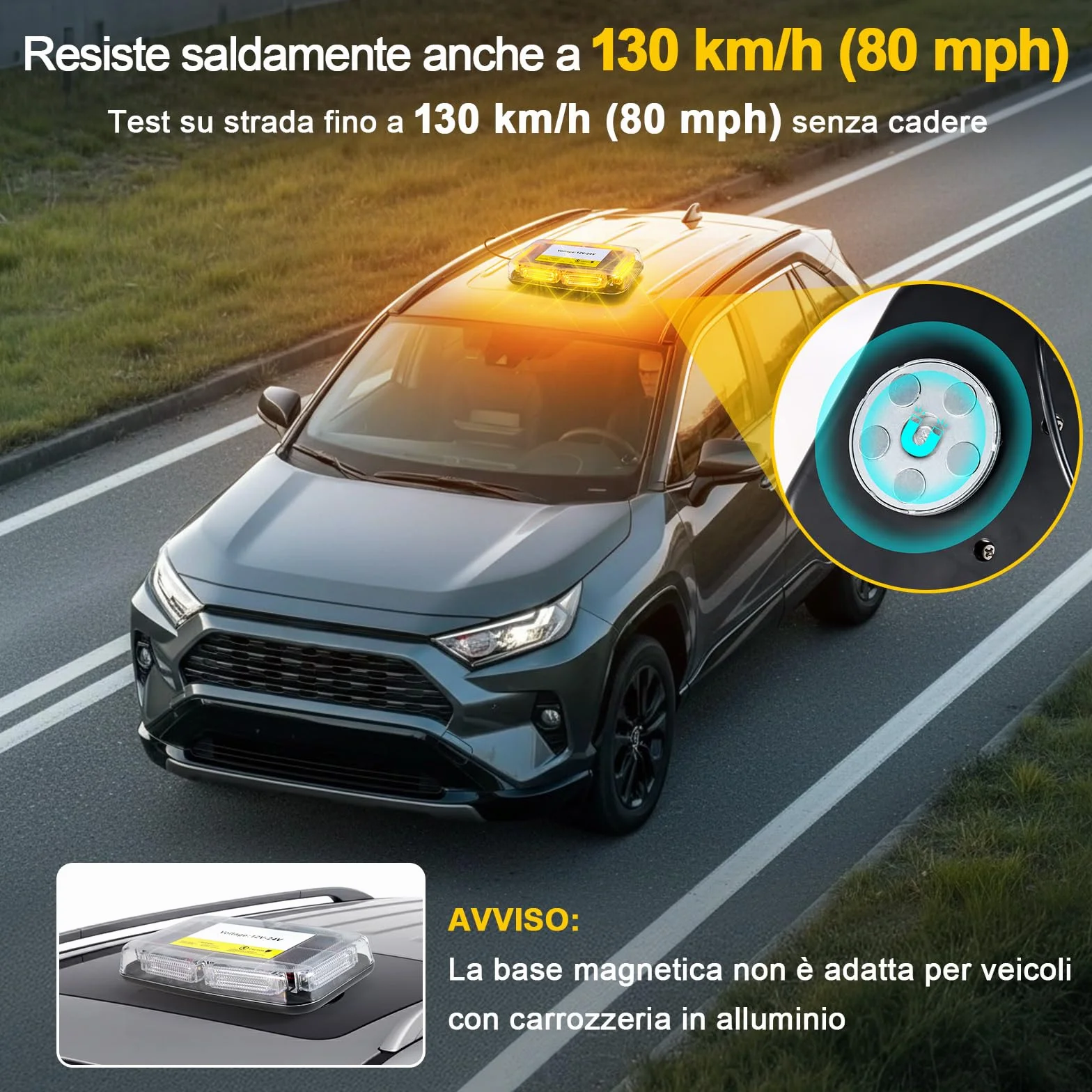 Lampeggiante Arancione a 90 LED con Magnete - Luce di Avvertimento 12V 24V, Cavo da 3 m, Impermeabile IP65, 16 Modalità per Camion, Attrezzature Edili, Agricoltura