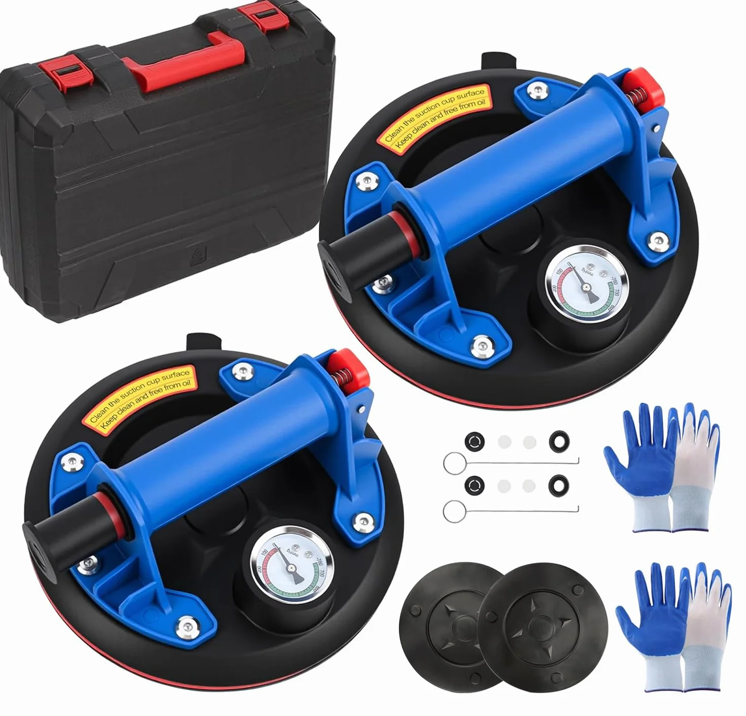 2 Pezzi 8" Ventosa per Piastrelle con Barometro, Ventose per Vetro i Carico Max. 200 kg, Ventose Capacitàdi con Cassetta Attrezzi Portatile, Ventose Professionali per Vetro, Piastrelle, Marmo